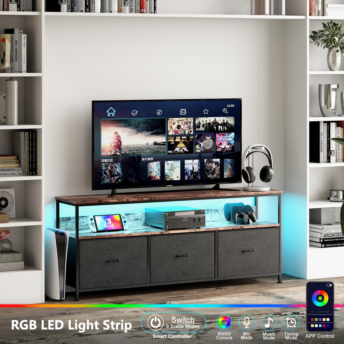 TV-SCHRANK 137 cm mit LED, 3 Stoffschubladen & Offene Fächer - Schwarz, Holz (30/57/137cm)