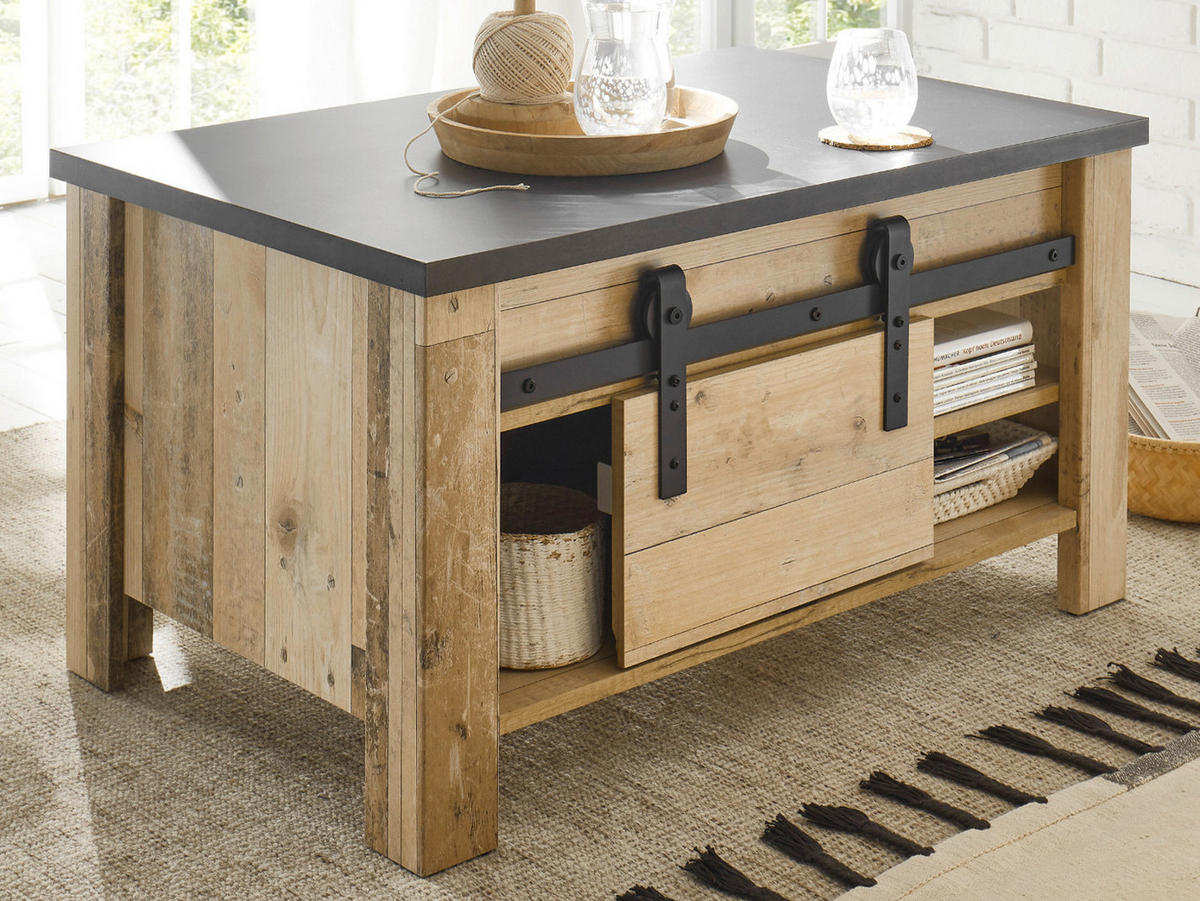 COUCHTISCH Used Wood hell, anthrazit, Beistelltisch mit Stauraum - Anthrazit/Schwarz, Holzwerkstoff/Metall (93/60/51cm) - Furn.Design