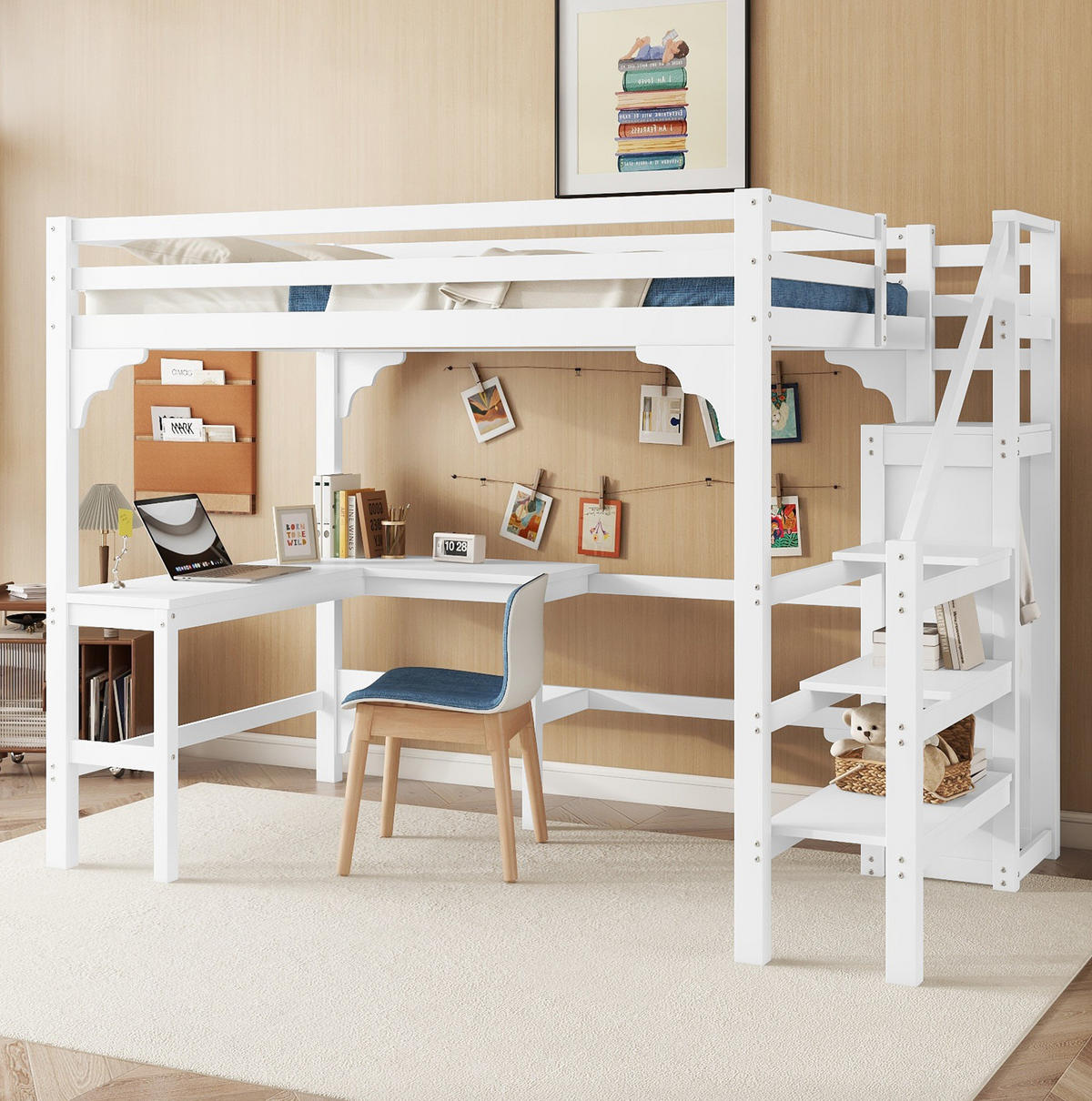HOCHBETT 140/200 cm Weiß aus Kiefernholz und MDF mit Schreibtisch - Weiß, Holz (140/200cm) - OKMYHOME