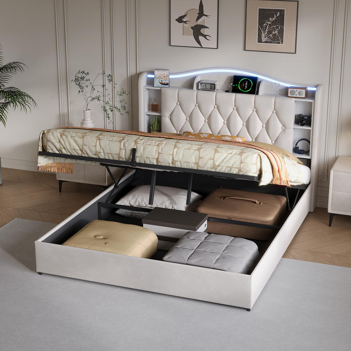 POLSTERBETT 140/190 cm beige mit Stauraum, LED und USB - Beige, Holz