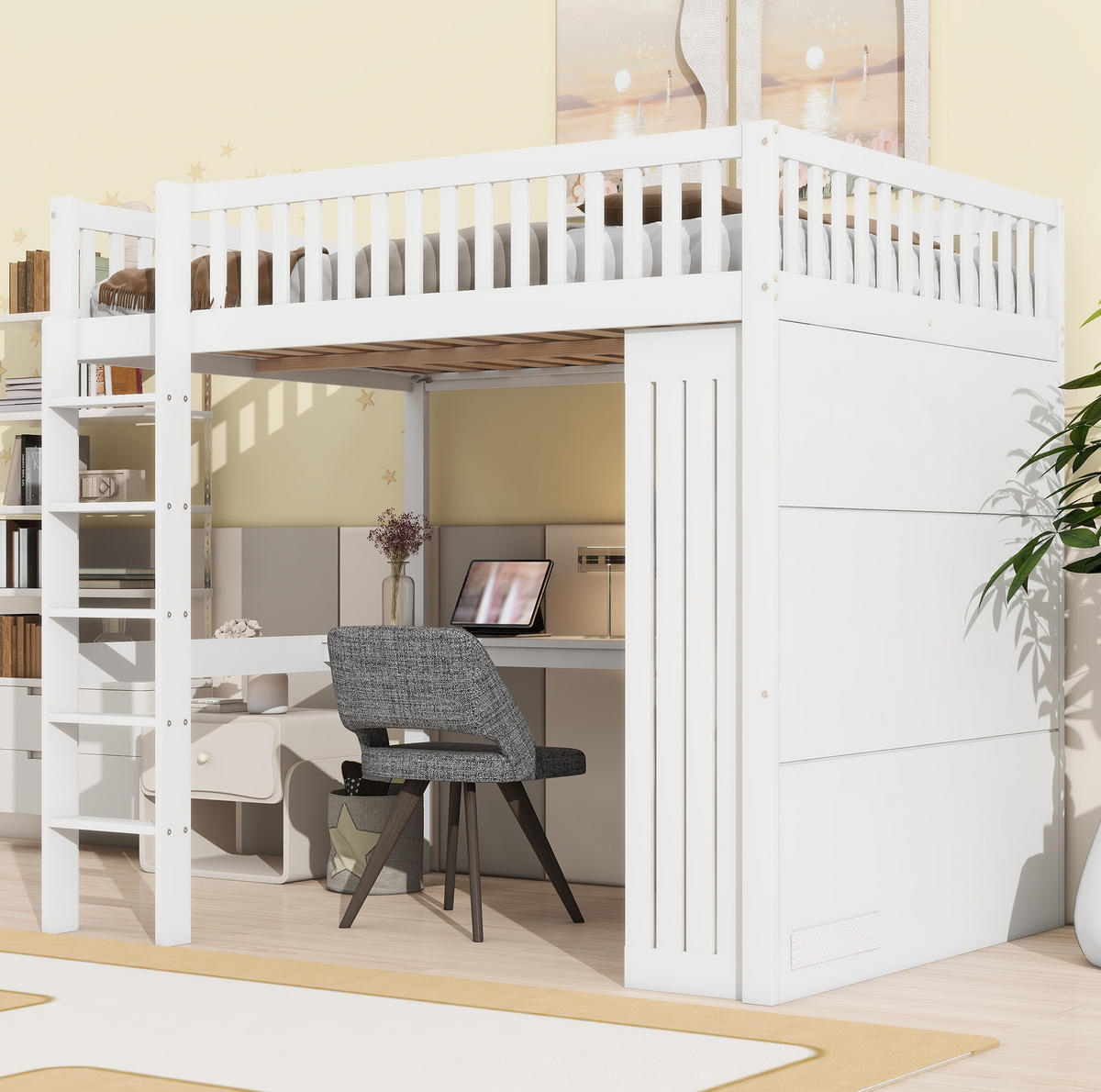 HOCHBETT 140/200 cm, Weiß mit Schreibtisch und Kleiderschrank - Weiß, Holz (140/200cm) - MIVRAY