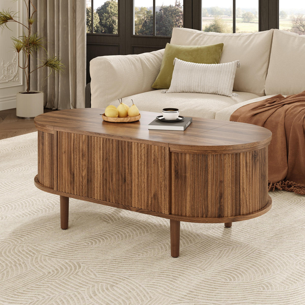 COUCHTISCH oval höhenverstellbar Stauraum Holz - Nussbaumfarben, Holz (48/100/53.5cm) - LEBENLANG