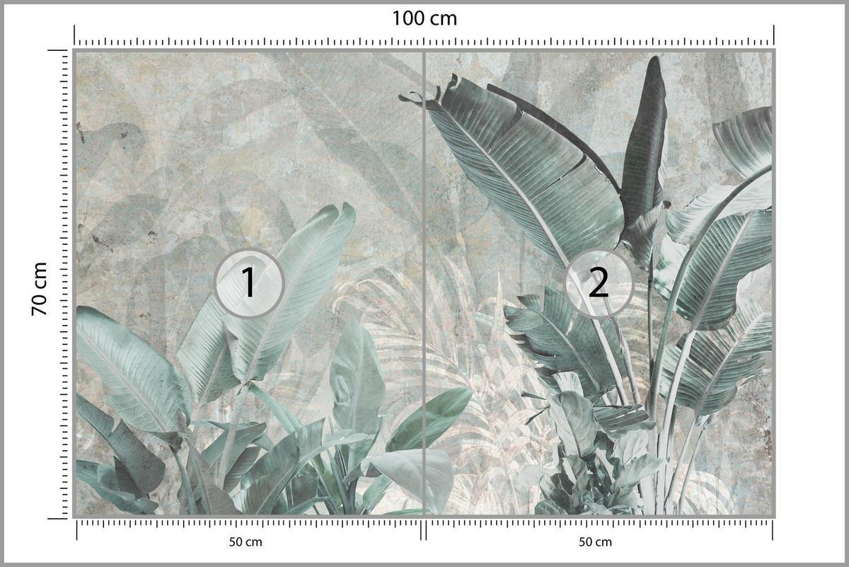 FOTOTAPETE für Küche Beton Bananenblätter Abstrakt Pflanzen Vintage 100x70 - Beige/Grau, Papier (100/70cm) - Muralo
