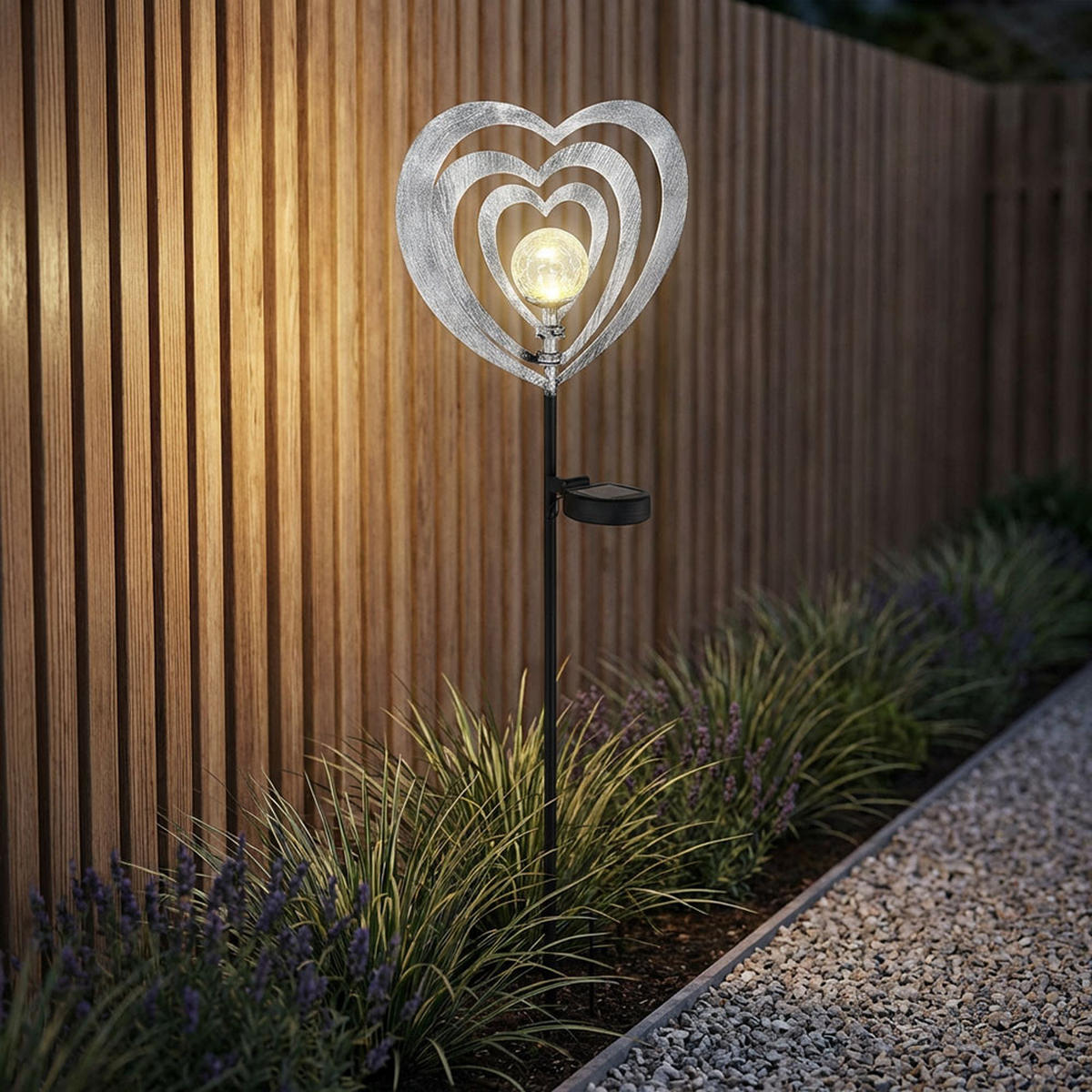 SOLARLEUCHTE Metall silbergrau Herz, LED - Silberfarben, Glas (28/6/82cm) - Globo Lighting