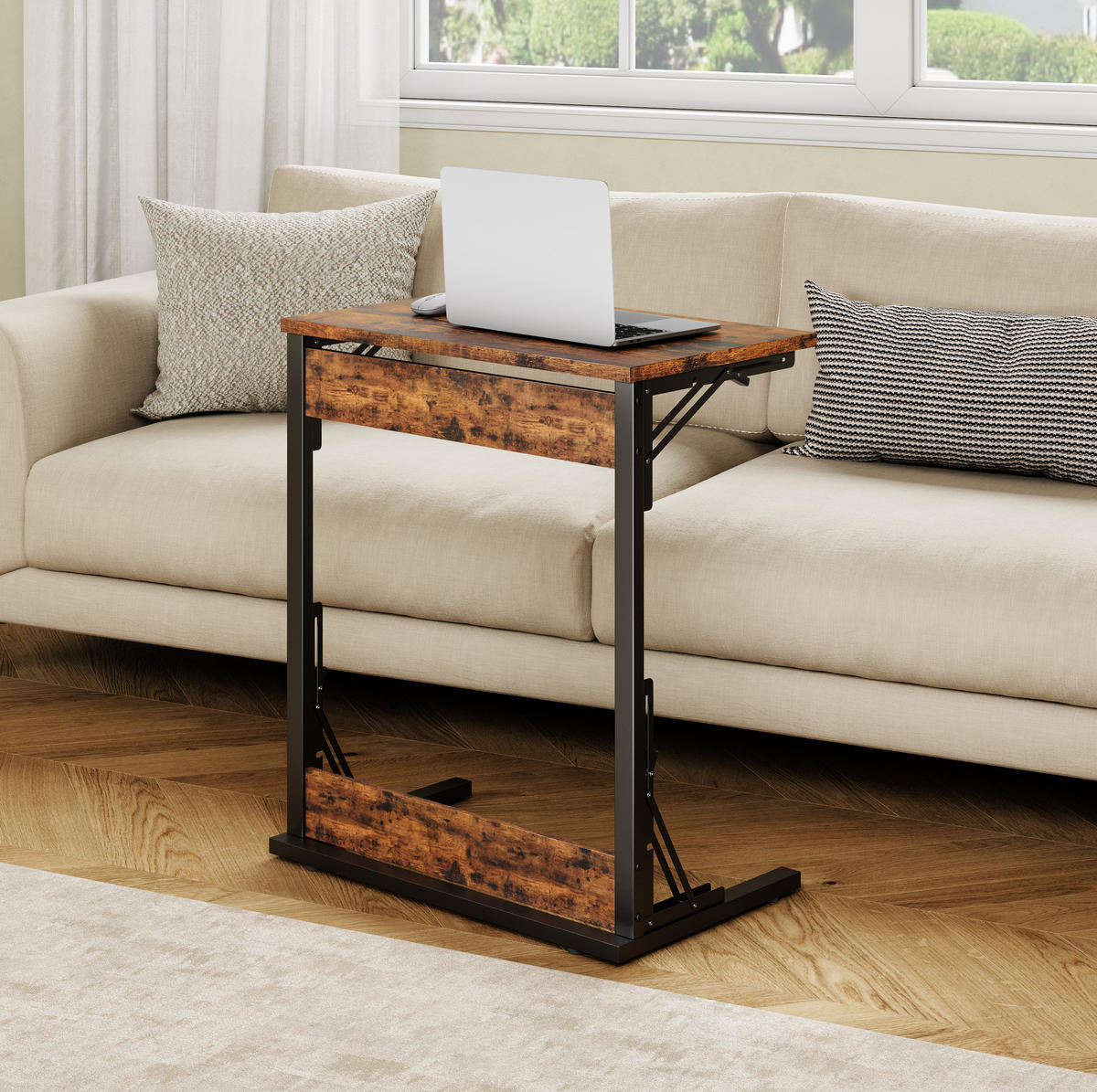 BEISTELLTISCH 37/60/71 cm klappbar mit verstellbaren Füßen und C-Form, platzsparend, Rustikalbraun - Braun, Holzwerkstoff (60/37/71cm) - Redom