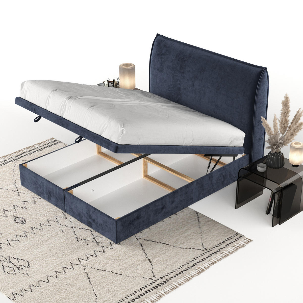 POLSTERBETT Tuvalu mit Stauraum 160/200 cm Marineblau im Lotta Stoff - Schwarz/Dunkelblau, Holz/Holzwerkstoff (160/200cm) - AltaBeds