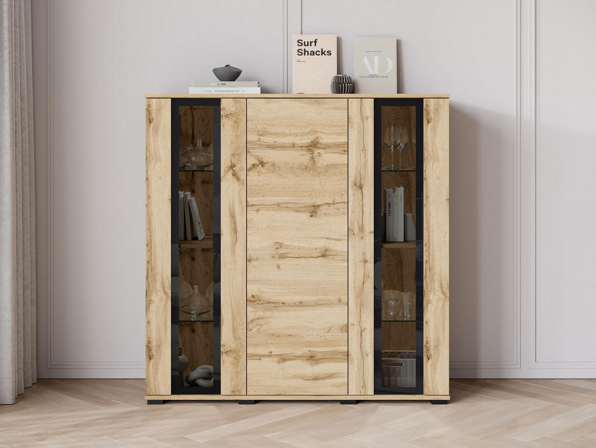 KOMMODE Caro HB 120 - Eiche Wotan/Schwarz, Holzwerkstoff/Kunststoff (120/122/40cm) - MIRJAN24