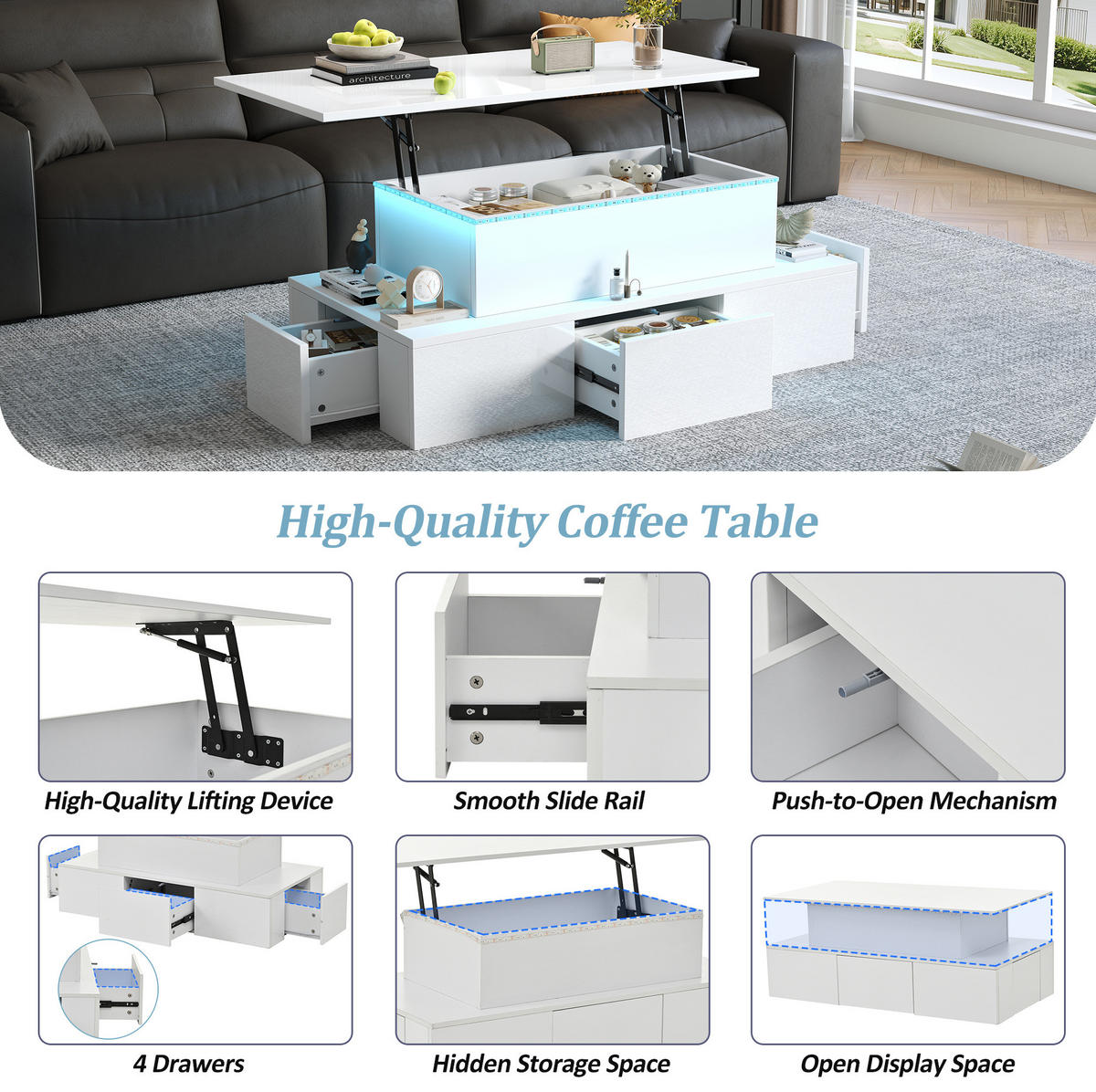COUCHTISCH 100/50/40 cm weiß aus MDF mit LED und Stauraum - Weiß, Holzwerkstoff (100/50/40cm) - OKMYHOME