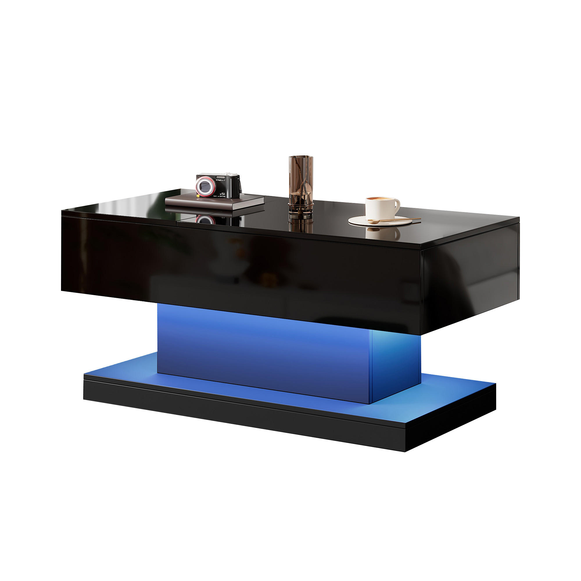 COUCHTISCH 100/50/45 cm schwarz mit hydraulischem Lift und LED-Beleuchtung - Schwarz, Holzwerkstoff (100/50/45cm) - OKWISH