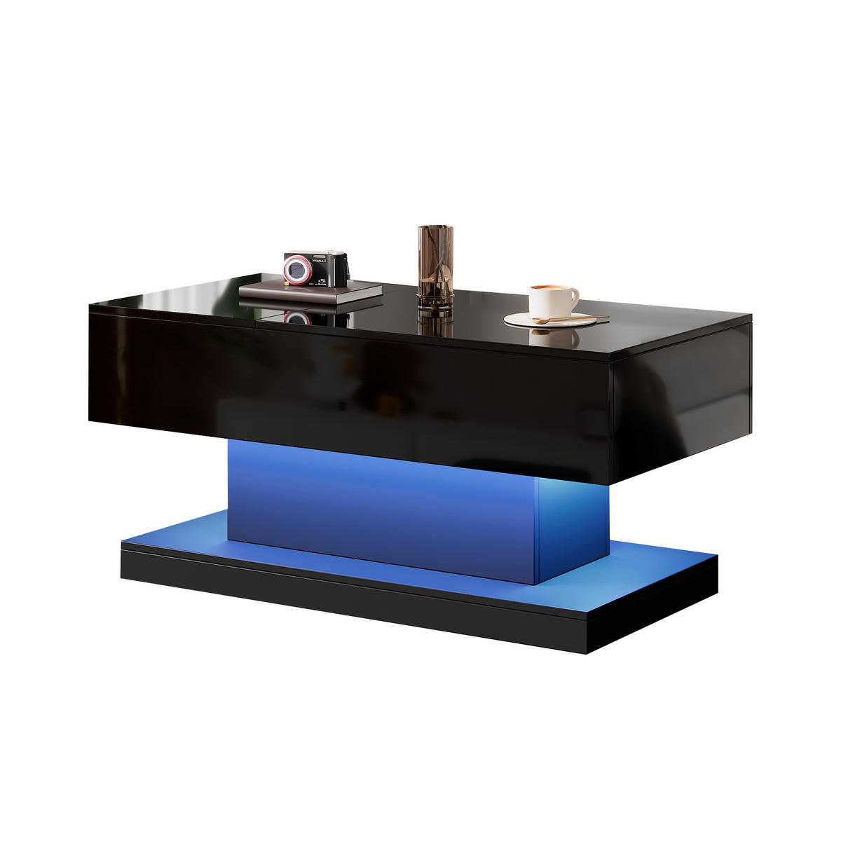 COUCHTISCH Hochglanz Schwarz mit LED Liftfunktion & Stauraum 100×50 cm - Schwarz, Holzwerkstoff (50/100/45cm) - Urban Meuble