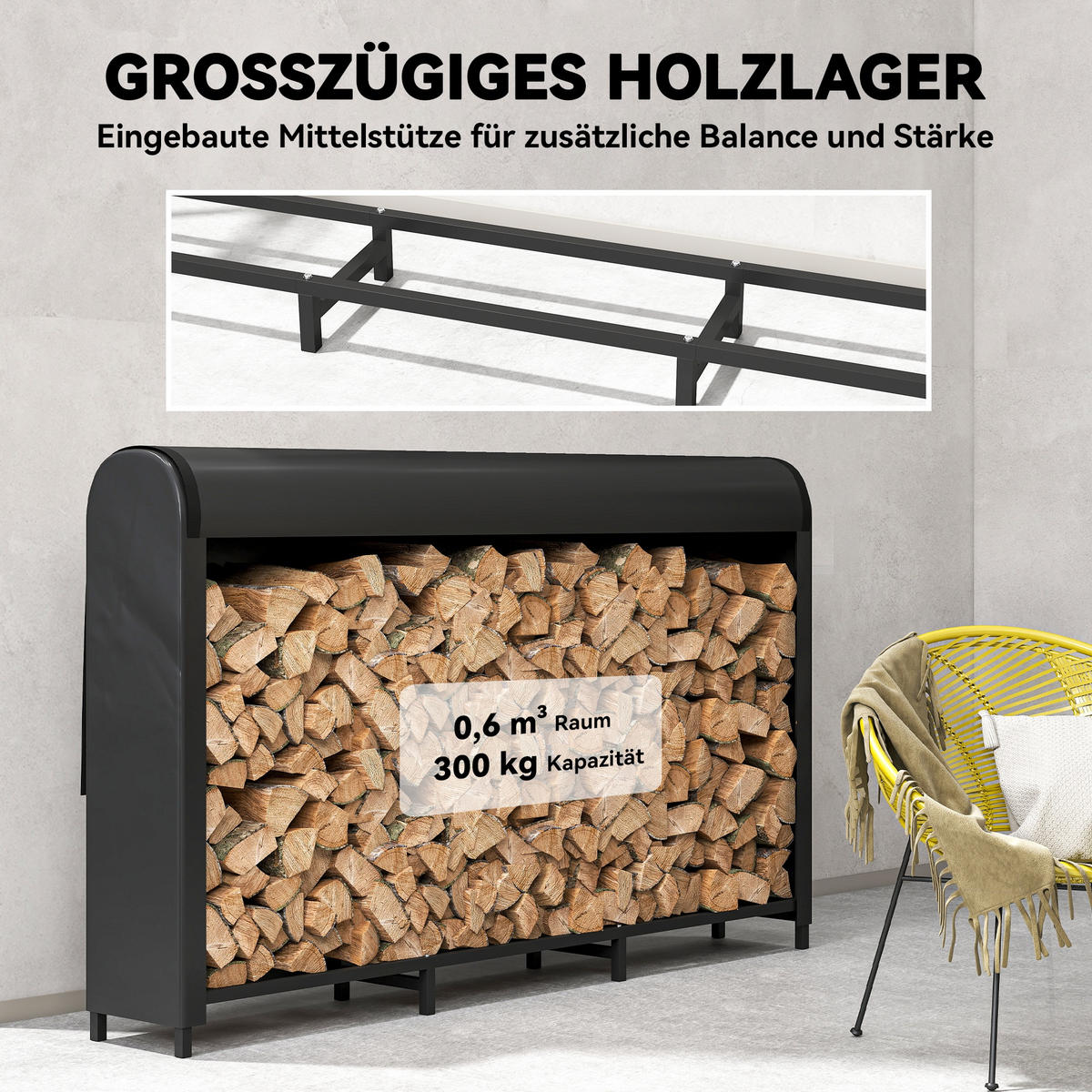 KAMINHOLZREGAL Metall 199 x 30 x 121 cm Brennholzregal 0,6m³ mit Abdeckung - Schwarz, Metall (30/121/199cm) - Outsunny