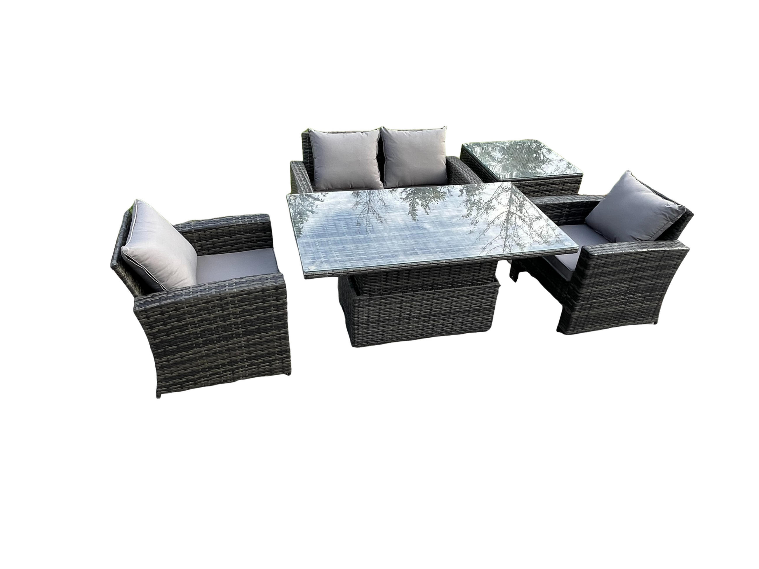 GARTENMÖBEL-SET ESSTISCH MIT SOFA BEISTELLTISCH Polyrattan Dunkelgrau Gemischt - Dunkelgrau, Metall - Fimous