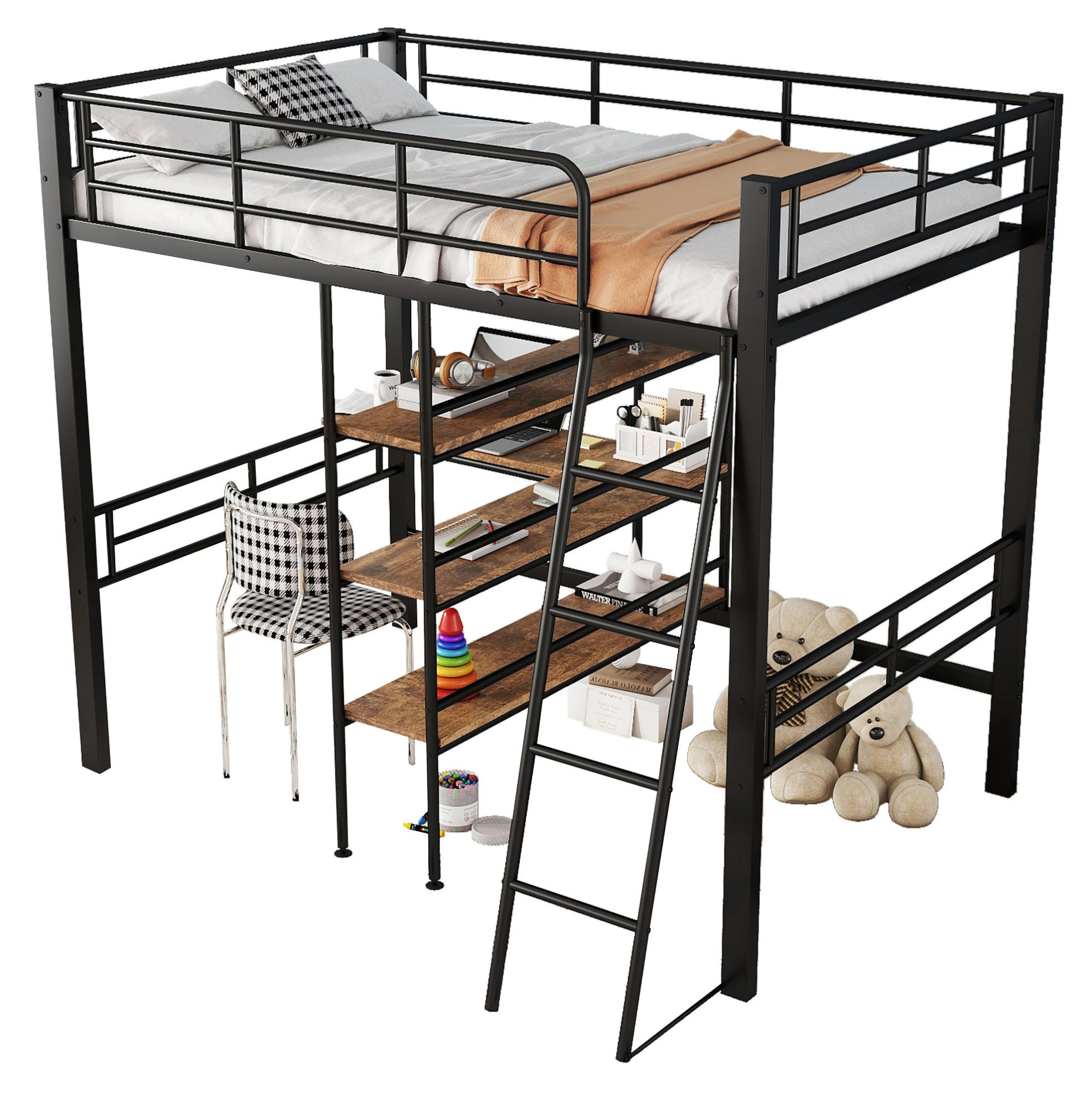 HOCHBETT mit Schreibtisch 90/200 cm in Schwarz – mit Regalen, Leiter und Rausfallschutz - Schwarz, Metall (90/200cm) - BEAOK