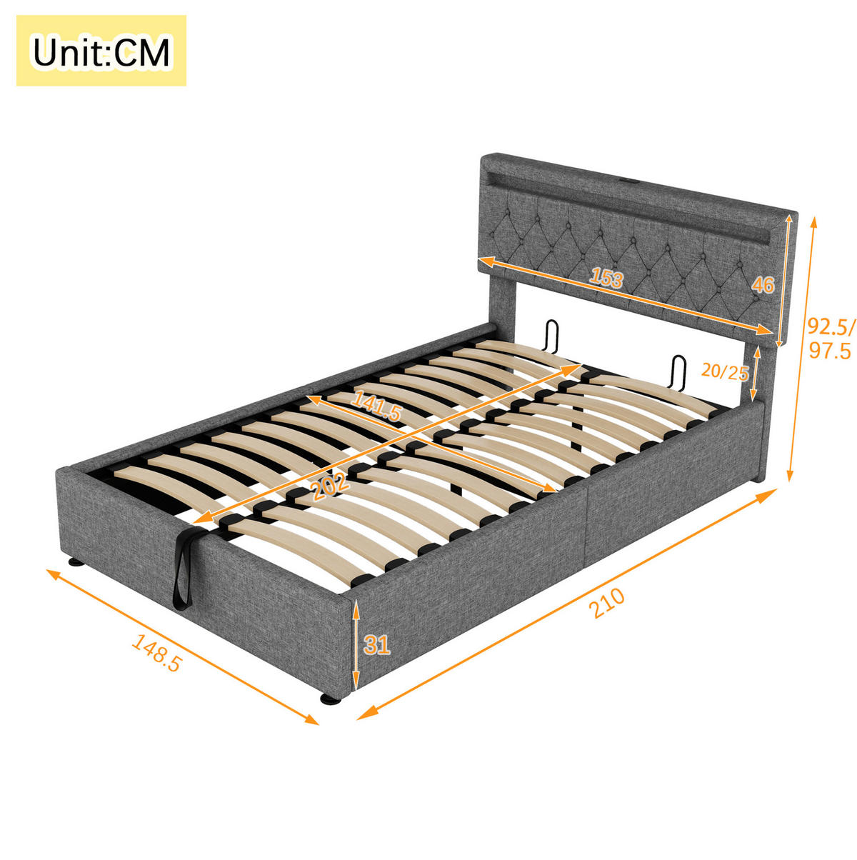 POLSTERBETT mit LED-Beleuchtung 140/200 cm in Grau mit Bettkasten & USB-C - Grau, Textil (140/200cm) - BEAOK
