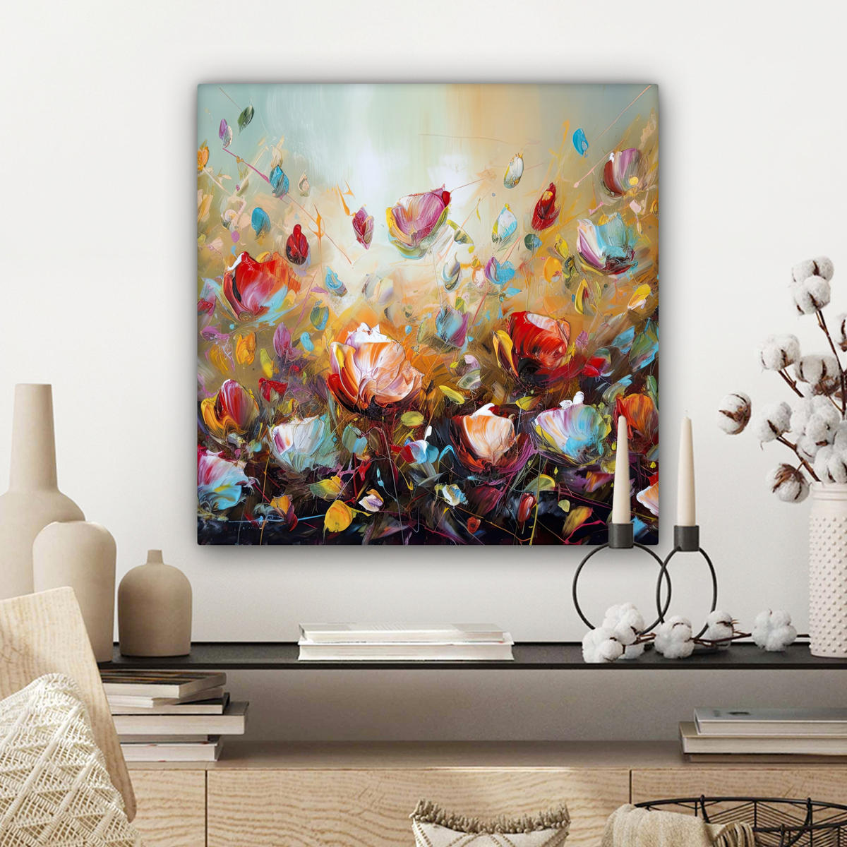 LEINWANDBILD Blumen - Kunst - Natur - Ölgemälde Wandbild Wohnzimmer 50x50 cm - Multicolor, Textil (50/50cm) - MuchoWow