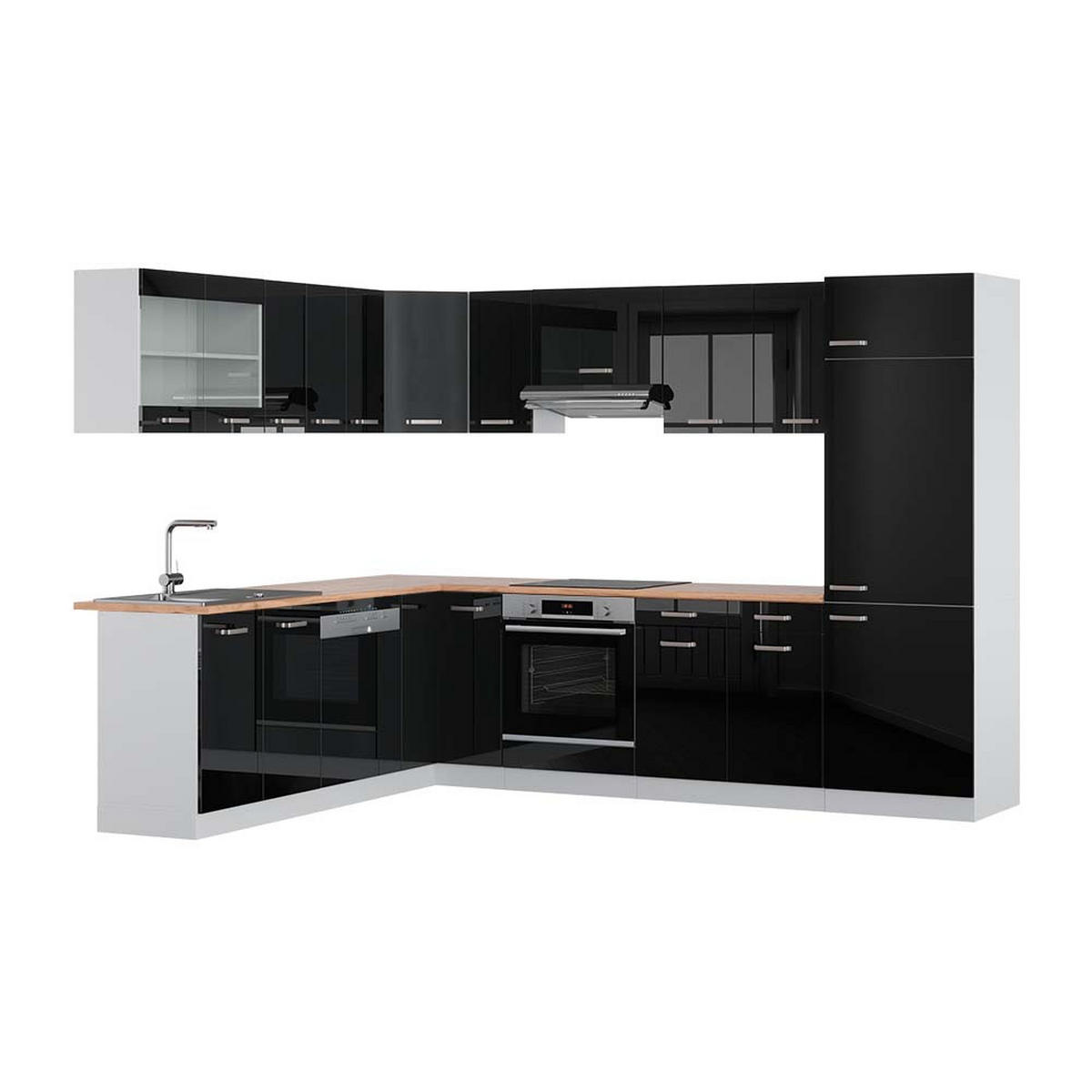 ECKKÜCHE R-Line Schwarz Hochglanz/Weiß 227 x 287 cm, AP Eiche - Schwarz Hochglanz/Weiß, Holzwerkstoff (287/81.6/60cm) - Vicco