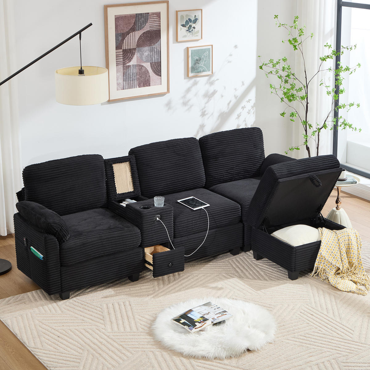 ECKSOFA L-Form mit verstellbarer Mittelkonsole und Stauraumhocker Cord schwarz 266/136/82 cm - Schwarz, Textil (266/136cm) - OKWISH