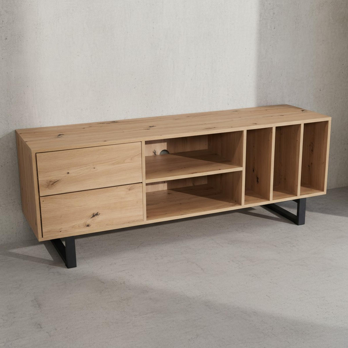 TV-LOWBOARD mit Eiche-Dekor, Schubladen und offenes Regal, modern, Braun 150x40x55 cm - Schwarz/Braun, Holzwerkstoff/Metall (150/55/40cm) - KADIMA DESIGN