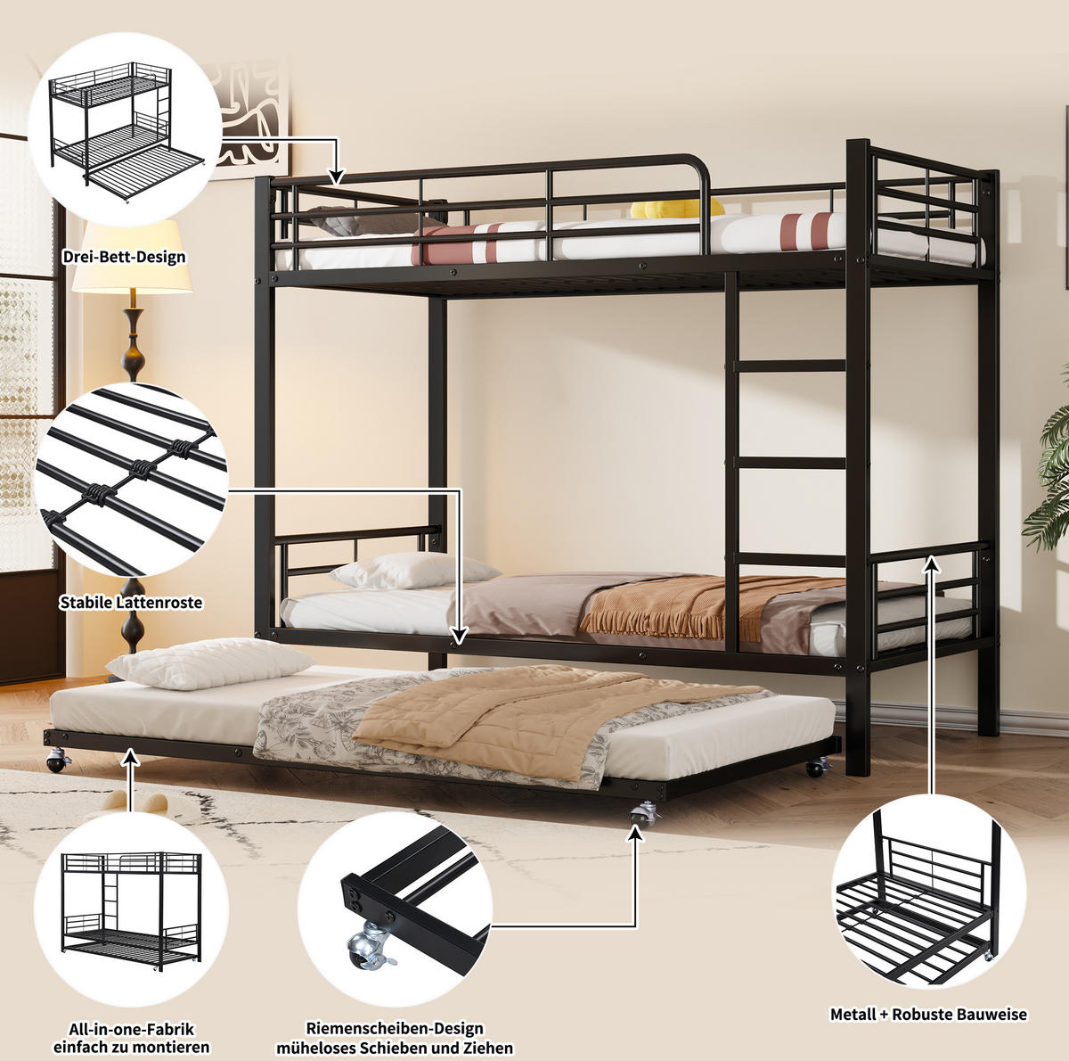 ETAGENBETT 90/200 cm und 90/190 cm schwarz aus Metall mit Ausziehbett - Schwarz, Metall (90/190cm) - OKWISH