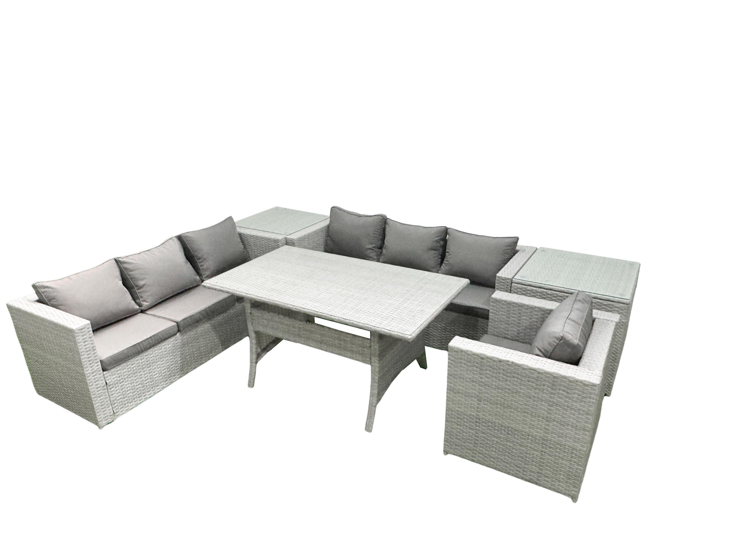 GARTENMÖBEL SET mit 3-Sitzer-Sofa und Sessel, Esstisch,2 Beistelltischen Polyrattan Hellgrau 7-Sitzer - Hellgrau/Grau, Glas/Kunststoff - Fimous
