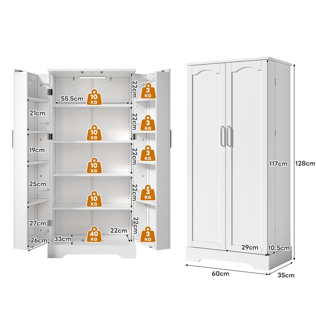 KÜCHENSCHRANK mit LED-Sensorleuchte 60x35x128 cm MDF Weiß - Weiß, Holzwerkstoff (35/128/60cm) - Meubliv