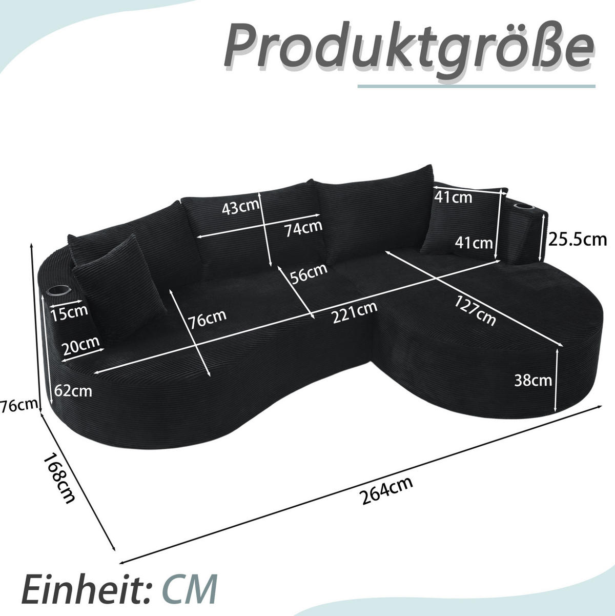 SOFA 3-Sitzer bogenförmig mit Getränkehaltern Kordstoff Schwarz - Schwarz, Textil (168/264.1cm) - Meubliv