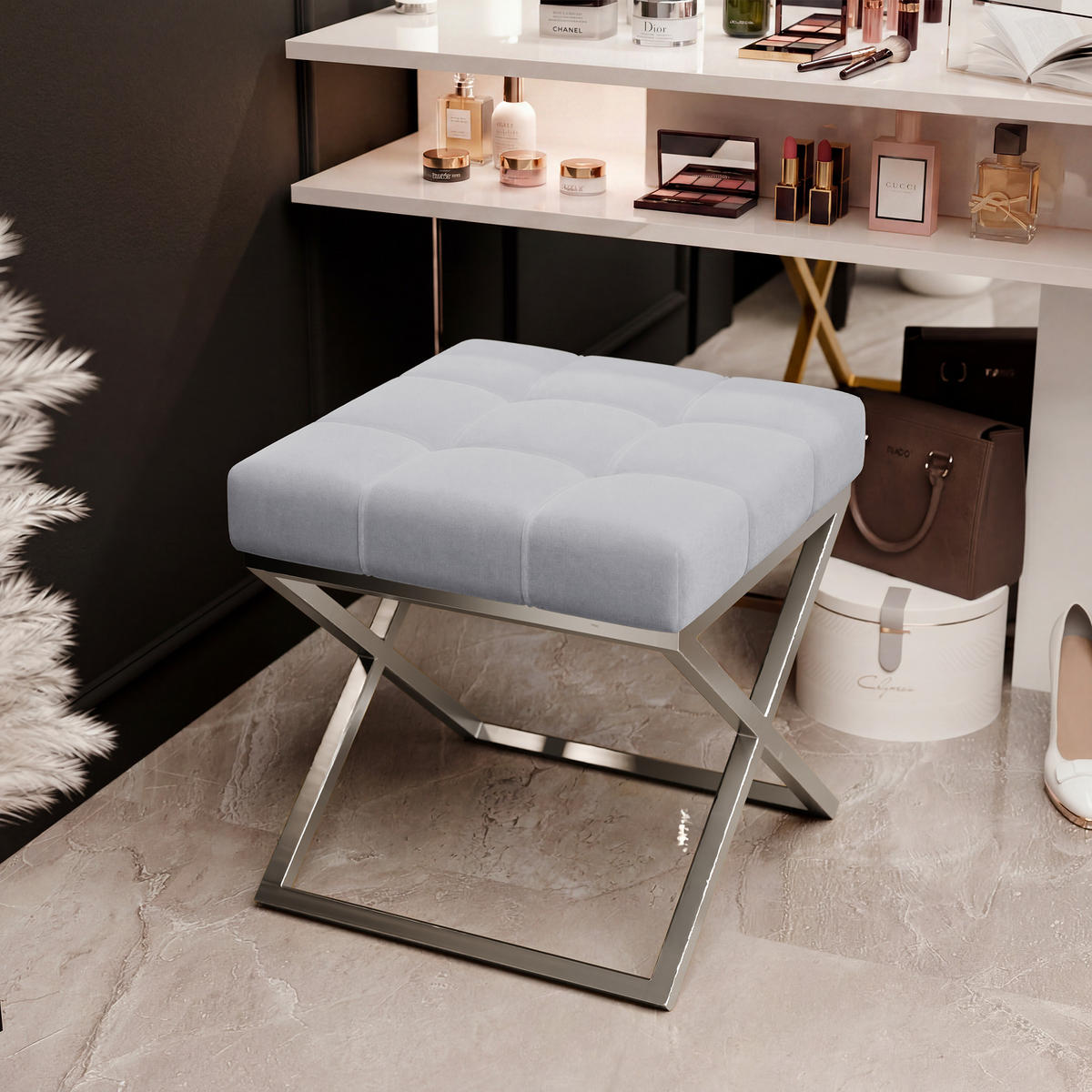 HOCKER LIND 45/45/45 cm, Chrom / Grau - Chromfarben/Grau, Textil/Metall (45/45/45cm) - Idohome