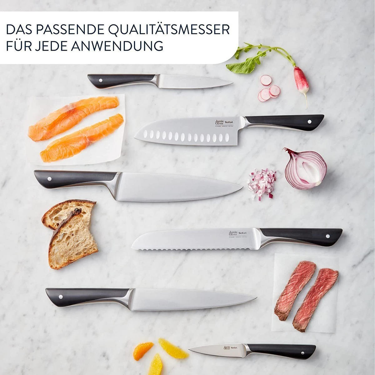 MESSERBLOCK Jamie Oliver Messerset K267S7, Küchenmesser, Holz, Hohe Schnittleistung, Kochmesser, 7-Tlg, Fleischmesser, Brotmesser, Santokumesser - Dunkelrot, Kunststoff/Metall (12/25/8cm) - Tefal