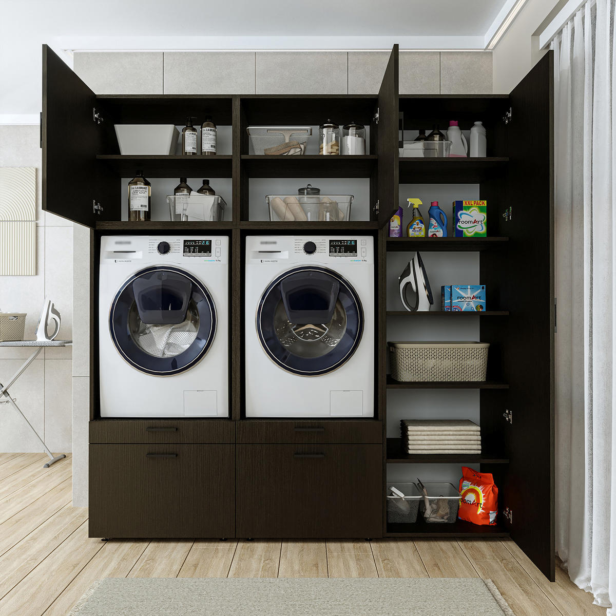 WASCHMASCHINENSCHRANK Serie 2 194cm Breit, 205cm Hoch - Schwarz, Holzwerkstoff (194/205/67cm)