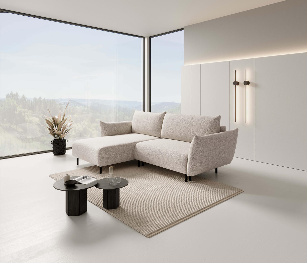 ECKSOFA ADEL mit Schlaffunktion und Bettkasten, L-förm, Metallbeine, verstellbar lose Rückenkissen, freistehend, LINKS, 171x257x90 cm, Cream - Creme, Holz/Textil (171/257cm) - DomoHome