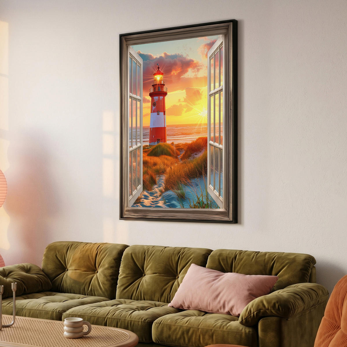 LEINWAND Bilder mit Rahmen - Aussicht - Fenster - Leuchtturm - Sonnenuntergang - Strand - 80x120 - Dunkelorange, Textil (80/120cm) - MuchoWow