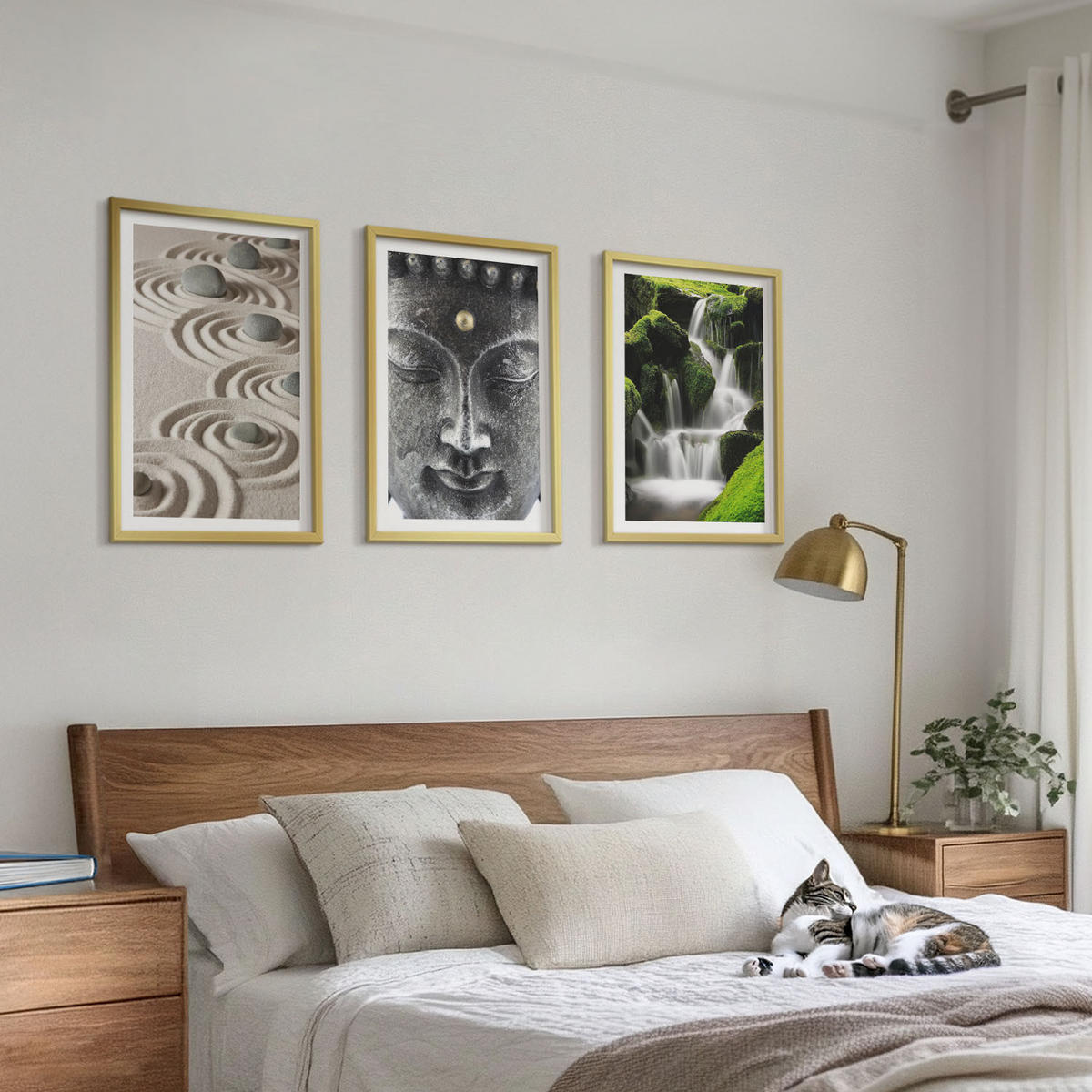 BILDER SET 3er Set - 40x60 cm Goldrahmen - Der Frieden der Steine des Buda Zen-Wasserfalls - Goldfarben, Kunststoff (40/60cm) - TULUP