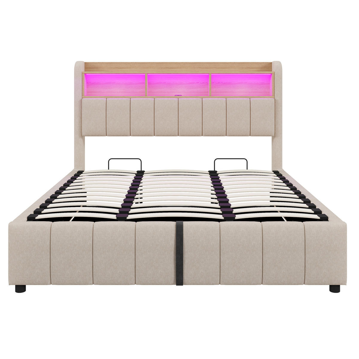 ČALOUNĚNÁ postel 180/200 cm z lněné tkaniny béžová s LED osvětlením, USB a úložným prostorem - béžová, textil (180/200cm) - BEAOK