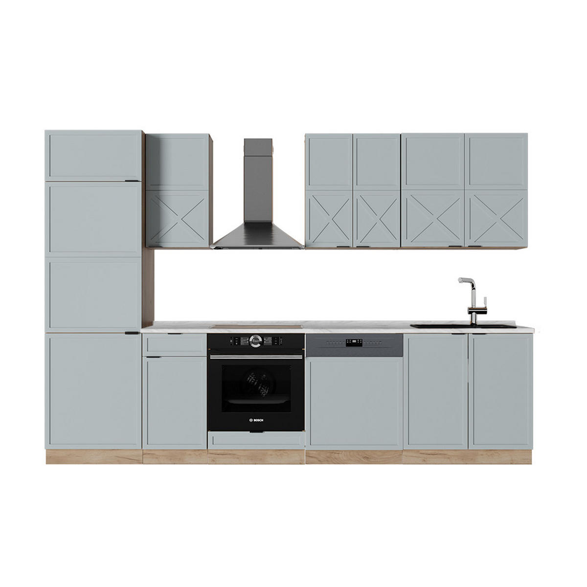 KÜCHENZEILE Fame-Line Hellblau-grau/Goldkraft Eiche 300 cm, AP Marmor - Honigeiche/Hellblau, Holzwerkstoff (300/81.6/60cm) - Vicco