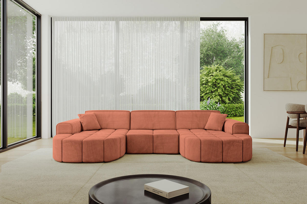 WOHNLANDSCHAFT LIVO-U1 - 315x173x79,5 cm Apricot - Koralle, Holzwerkstoff/Textil (315/79/173cm) - ALTDECOR