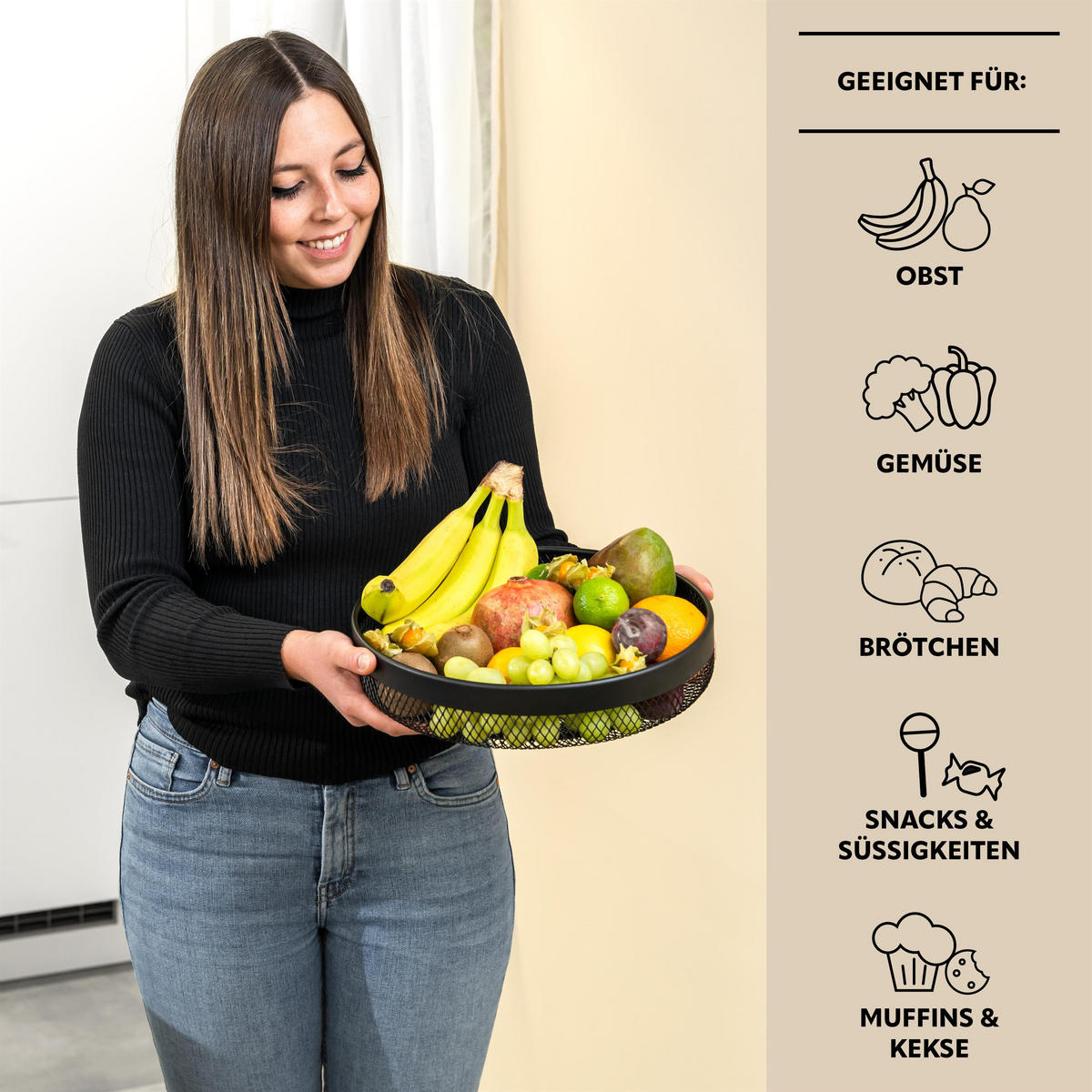 OBSTKORB - BROTKORB 2er Set, runde Obstschale, aus schwarzem Metall - Schwarz, Metall (30/6cm) - eluno