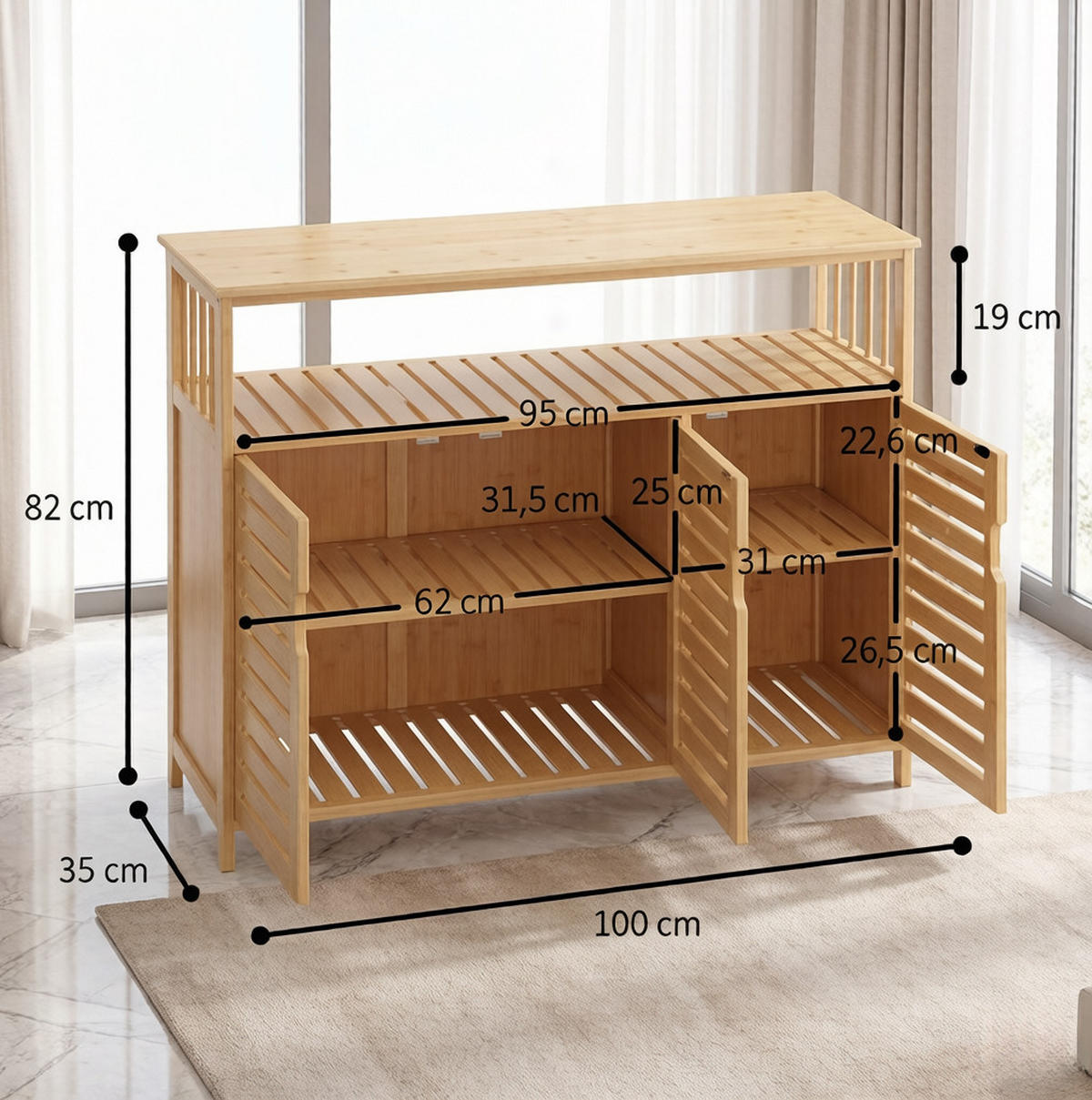 SIDEBOARD in Natur 100x35x82 cm mit 3 Türen und offenem Fach - Naturfarben, Naturmaterialien (35/82/100cm) - IVMEU