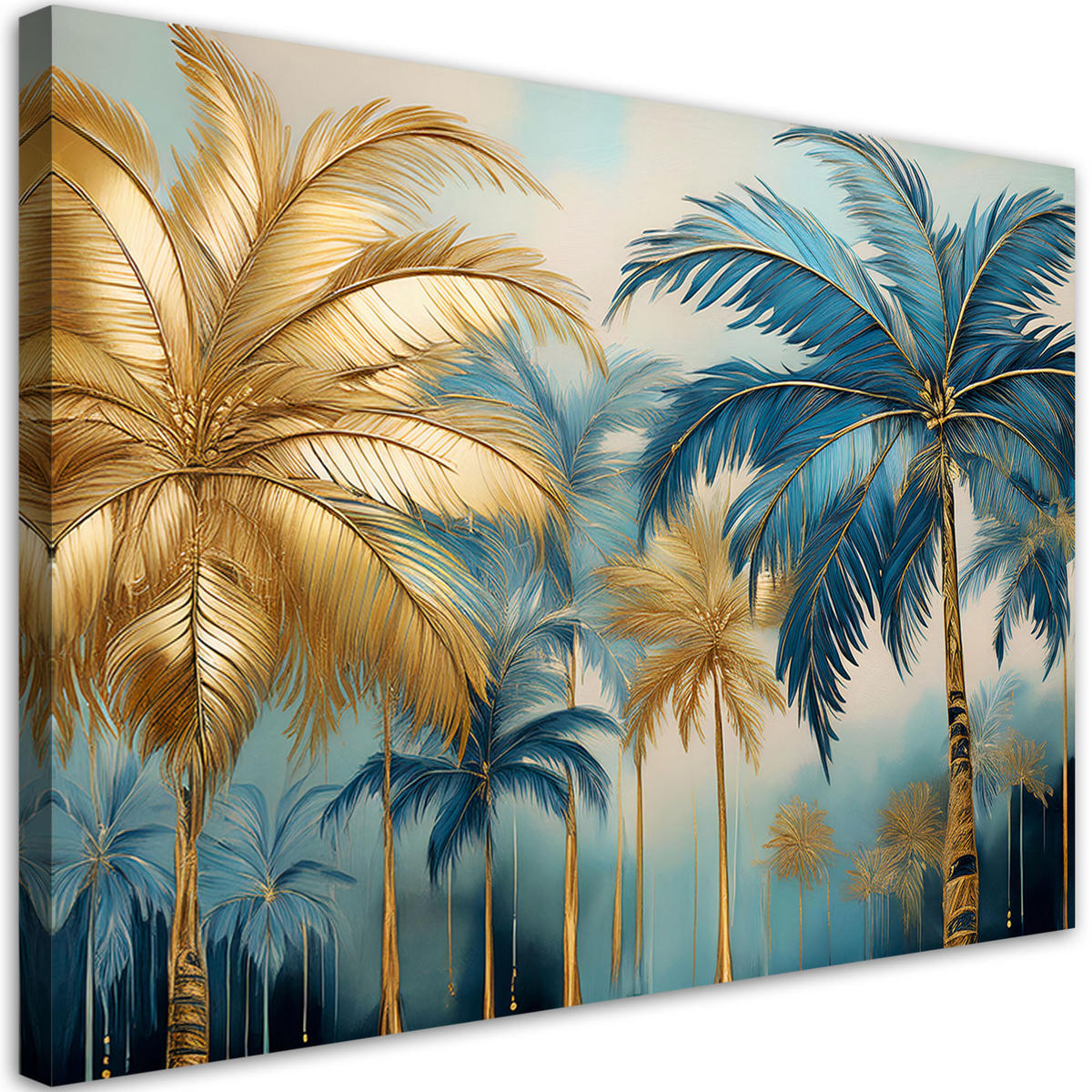 WANDBILD goldene und blaue palmen abstrakt - Blau, Textil (60/40cm) - Feeby