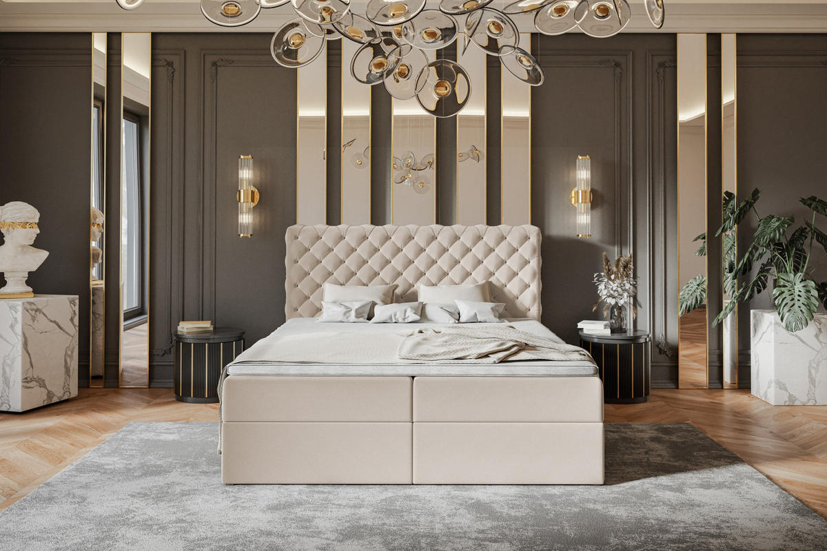 BOXBETT MIAMI mit 2 Bettkästen, 140x200, Farbe: Beige, Velourstoff, Doppelbett mit Bonell-Matratze - Beige, Holz/Kunststoff (140/200cm) - Alpi-Möbel