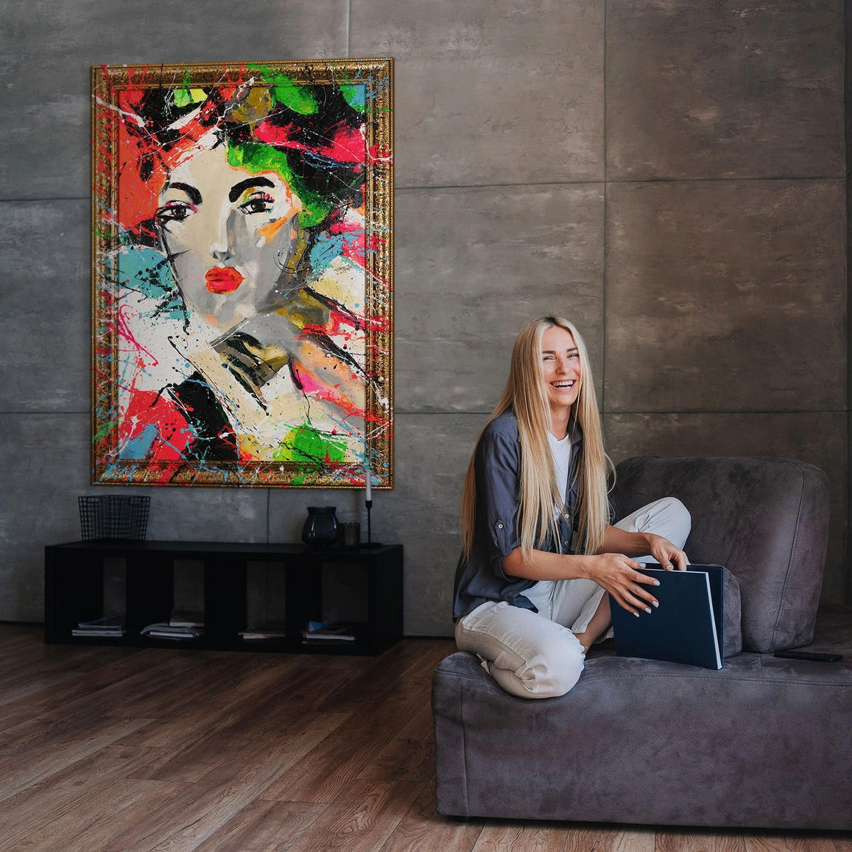 GEMÄLDE Abstrakte Muße Schattenfugenrahmen Gold 120x80 cm - Goldfarben, Holz (120/80cm) - YS-art gallery