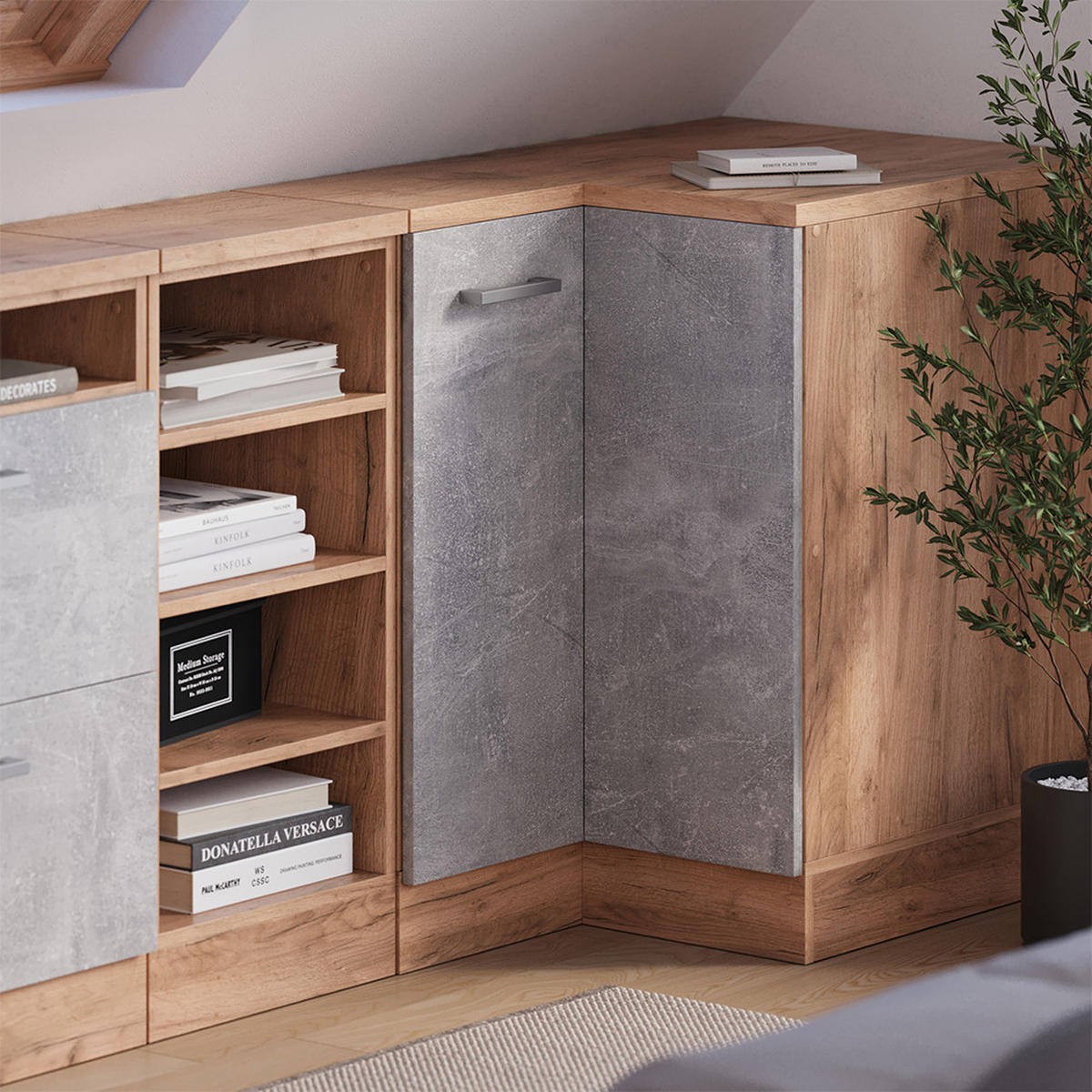 KOTNI KUHINJSKI ORMAR ZA KOSINE KROVA R-Line Beton 75.6 cm s 1 vratima, korpus ormarića dubine 60 cm - hrast medunac/siva, drvni materijal (75.6/83.8/60cm) - Vicco