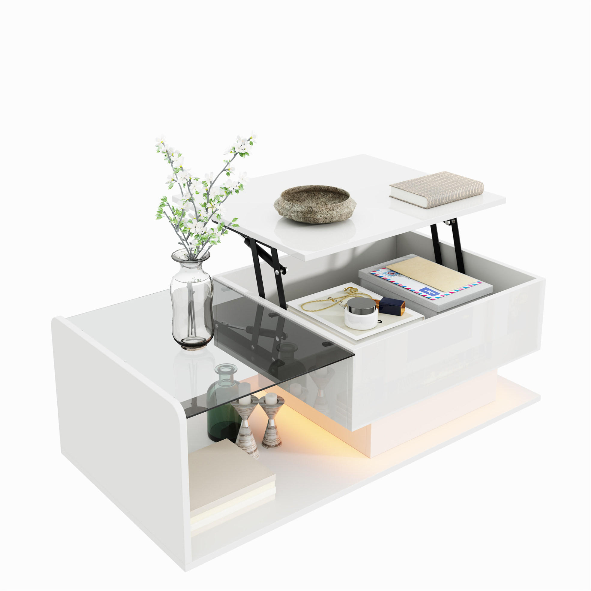 COUCHTISCH 100/50 cm in Weiß aus Spanplatte mit Höhenverstellung und LED-Lichtleiste - Weiß, Holzwerkstoff (100/50/33cm) - OKMYHOME
