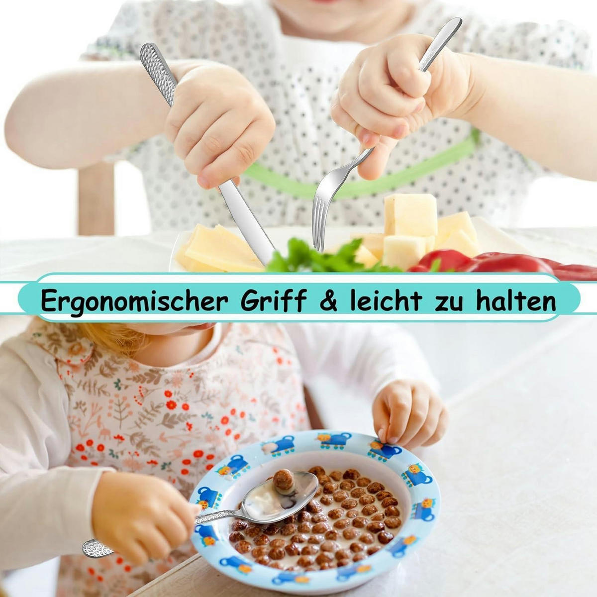 KINDERBESTECK Set 12-teilig Edelstahl Hammergriff Spülmaschinenfest - Silberfarben, Metall