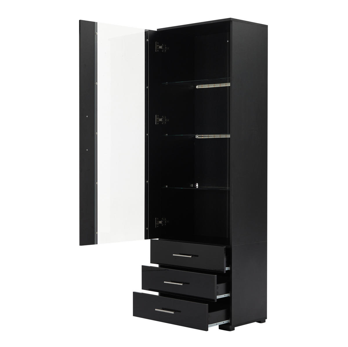 VITRINE 60/35/180 cm in Schwarz mit LED-Beleuchtung und 3 Schubladen - Schwarz, Holzwerkstoff (60/180/35cm) - Flora Grace