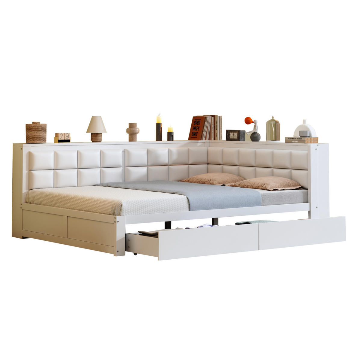 KREVET 140/200 cm s mekanim uzglavljem, 2 ladice za pohranu i čvrstim okvirom, Bijela - bijela, drvni materijal (153/83/212cm) - Redom