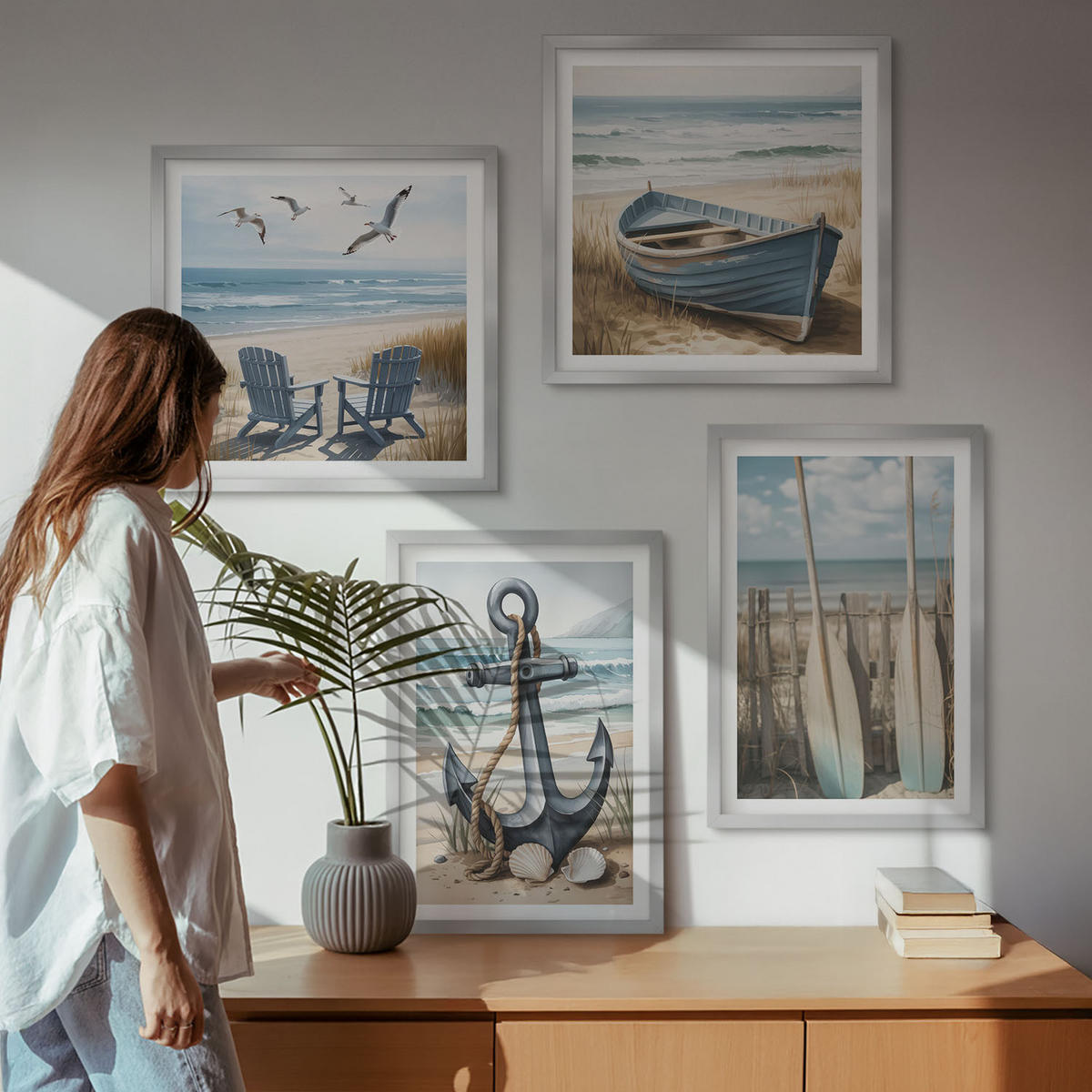 BILDER SET 4er Set - 50x50 cm & 40x60 cm Silberner Rahmen - Anker, Boot, Ruder, Strand - Silberfarben, Kunststoff (50/50cm) - TULUP