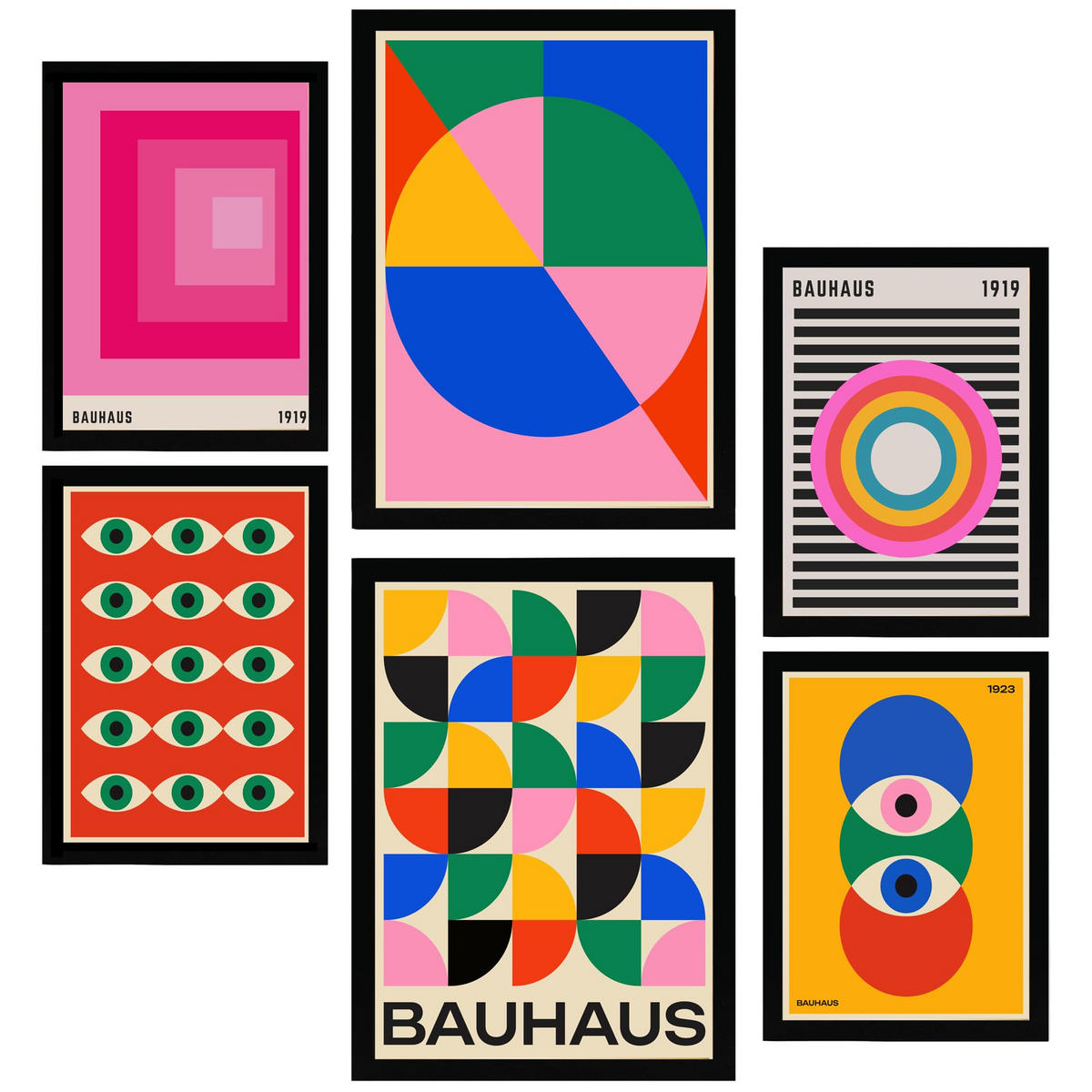 POSTER Set Mit 6 Bauhaus – Geometrische Formen In Leuchtenden Farben A3 & A4 Schwarzer Rahmen - Schwarz, Papier (29/3cm) - Nacnic