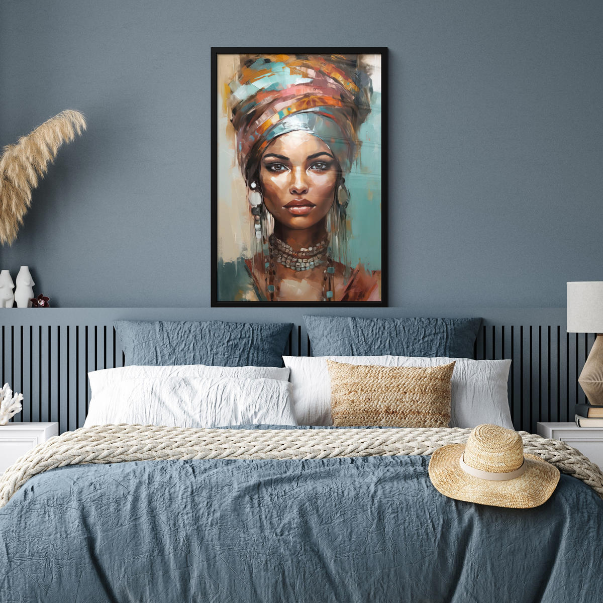 ZARÁMOVANÝ PLAGÁT Žena - Umenie - Šperky - Portrét 60x90 cm - modrosivá, papier (60/90cm) - MuchoWow