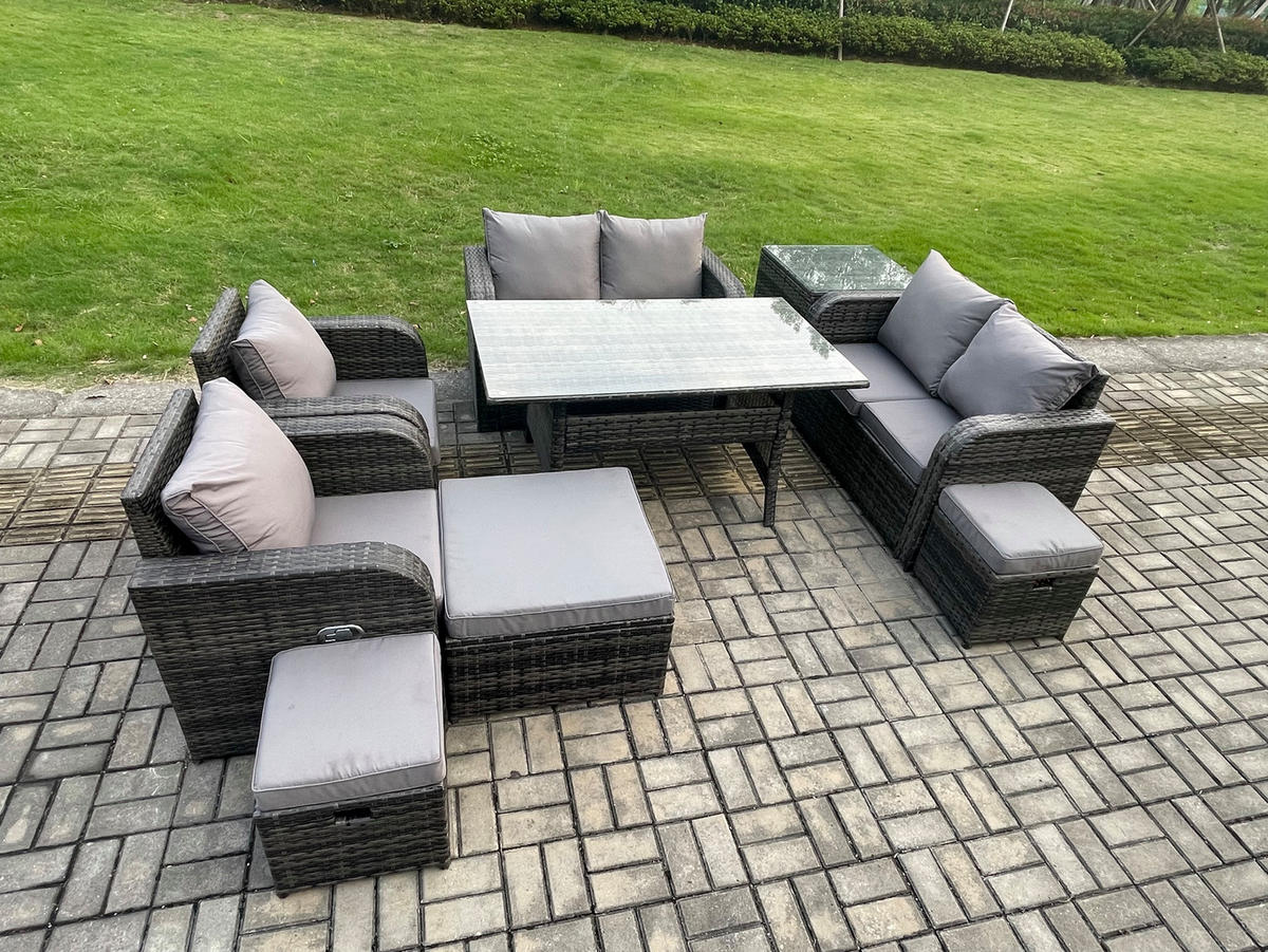 Gartenmöbelset mit Esstisch Polyrattan Dunkelgrau 9-Sitzer - Dunkelgrau/Grau, Glas/Kunststoff - Fimous
