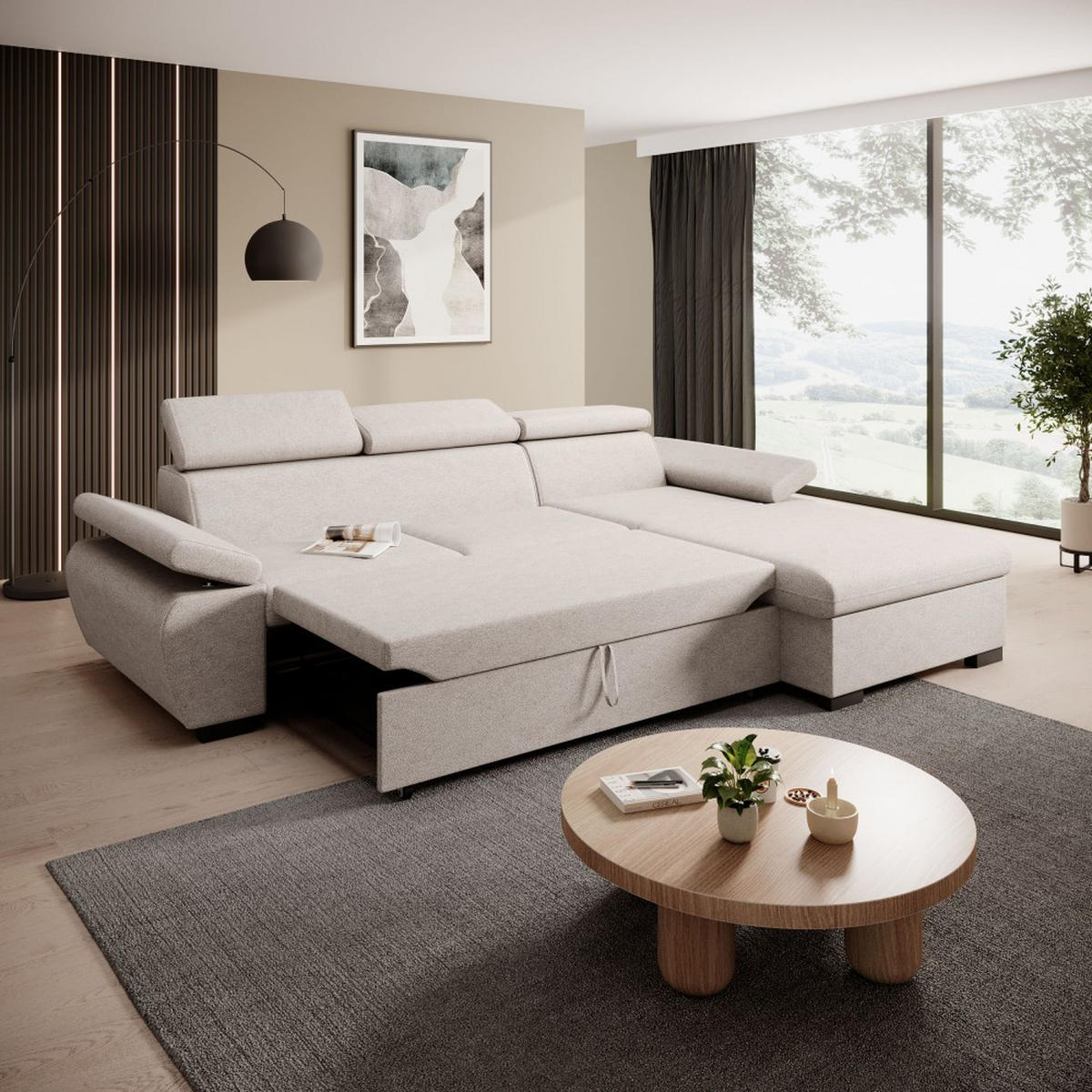 ECKSCHLAFSOFA Coco mit verstellbare Kopfstützen, beige, rechts - Beige, Textil (273/191cm) - Beautysofa